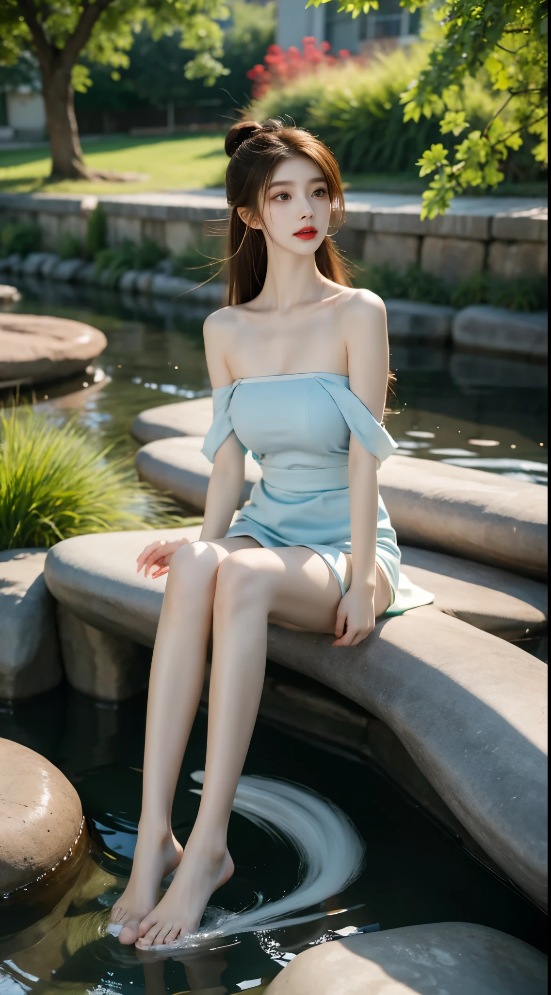 gufeng,bare shoulderasterpiece, best quality:1.2), 1girl, solo, ((bare shoulders)), night，Moonlight，((full body)), ((from below)), ((Play in the river，sitting position, sit on rock)), shiny, sweet girl, figure of heroine，Slender sexy legs，very beautiful legs，Leaking sexy legs，Big breasts，beauty, mystery。脸庞beauty精致，Otherworldly beauty。The bridge of the nose is straight，Lip color like cherry，Confident and calm。face chiseled，Skin as fair as jade，Makeup is light and delicate，Show her temperament and charm。Light foundation, Transparency of skin，perfect eyebrow shape，eye makeup,eye shadow,Eyeliner，Eyes are brighter and more energetic。涂上grace的口红，Charm and sophistication。衣服grace别致，Clothes flutter，Blown up by the wind，drifting into the distance。grace，Swinging action。Hair tied haphazardly behind the head，Secure it with a hosta，Strands of hair flutter gently in the wind，一道beauty的风景线，Attract attention。beauty、grace、mystery