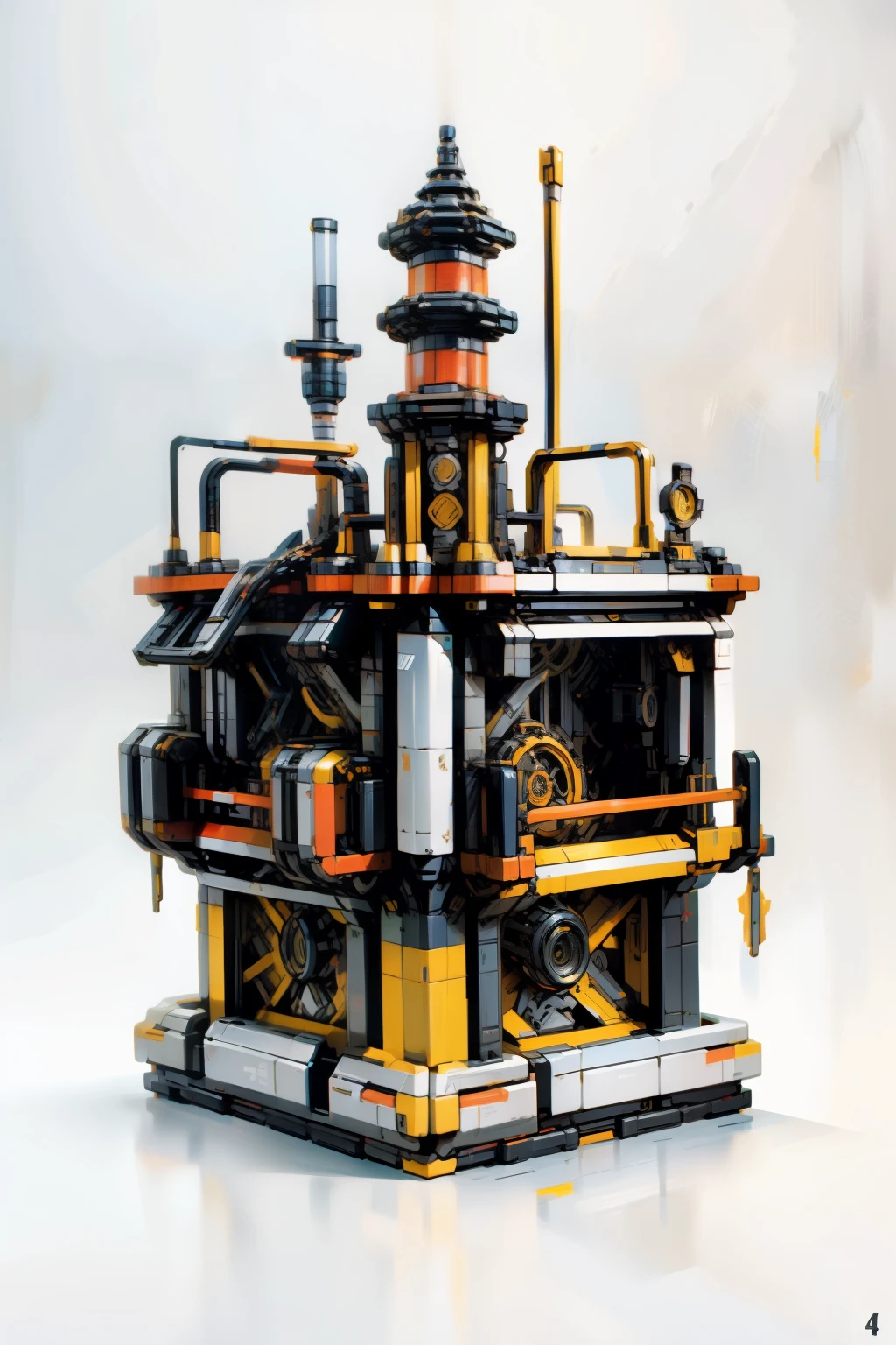 Intricately detailed concept art of a white background scenario, presented at an ultra-high definition of 7680 x 4320 DPI. The vibrant colors pop under daylight illumination, showcasing a top-down view of a mechanical marvel. The foreground presents a transparent box revealing LEGO-like bricks, meticulously arranged to resemble the complex internal machinery of a magnificent creation. This concept art embodies the realistic and bright aesthetic of a cyberpunk or dark fantasy setting, featuring a singular, vibrant object – a cybernetic guardian, perhaps, wielding a chain saw in a conceptual rendition, red hues accentuating its menacing presence