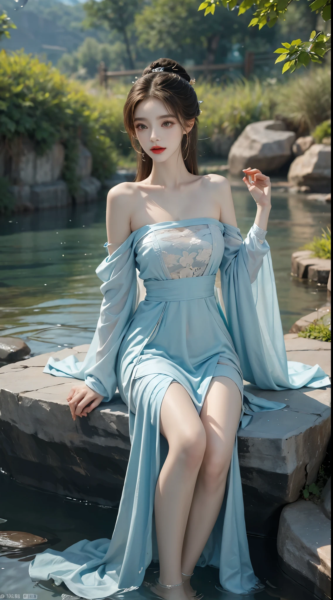 gufeng,bare shoulderasterpiece, best quality:1.2), 1girl, solo, ((bare shoulders)), night，Moonlight，((full body)), ((from below)), ((Play in the river，sitting position, sit on rock)), shiny, sweet girl, figure of heroine，Slender sexy legs，very beautiful legs，Leaking sexy legs，Big breasts，beauty, mystery。脸庞beauty精致，Otherworldly beauty。The bridge of the nose is straight，Lip color like cherry，Confident and calm。face chiseled，Skin as fair as jade，Makeup is light and delicate，Show her temperament and charm。Light foundation, Transparency of skin，perfect eyebrow shape，eye makeup,eye shadow,Eyeliner，Eyes are brighter and more energetic。涂上grace的口红，Charm and sophistication。衣服grace别致，Clothes flutter，Blown up by the wind，drifting into the distance。grace，Swinging action。Hair tied haphazardly behind the head，Secure it with a hosta，Strands of hair flutter gently in the wind，一道beauty的风景线，Attract attention。beauty、grace、mystery