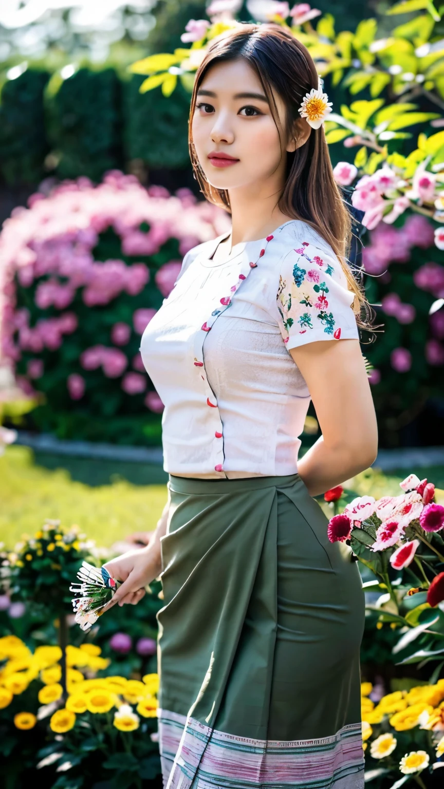 (best quality,4k,highres,masterpiece:1.5),ultra-detailed,(realistic,photorealistic,photo-realistic:1.37), beautiful girl 24 years old, beautiful detailed eyes,beautiful detailed lips,extremely detailed eyes and face,longeyelashes,1girl,illustration,soft lighting,vibrant colors,bokeh,romantic,dreamlike,ethereal vibe,Full Body Professional Photo, (Photo 4K:1.1) (Sharp Focus:1.1), High Detail, Woman in(beautiful chrysanthemum garden:1.2), Pretty Buttocks, long Hair, Instagram Pattern Pose, confident, slim girl, big tits:1.2, perfect anatomy, perfect symmetry:1.2, Realistic, realistic face:1.3, perfect face, content, confident, very detailed, and dramatic, cinematic lighting, Lighting scene, soft lights graceful movement, full body photography, (((masterpiece :1.5))), photoreal acmm ss outfit, wearing acmm top, light purple acmm top, short sleeves, buttons, wearing acmm long skirt, white and pink with printed acmm long skirt, acmm ls outfit, wearing acmm top, olive green acmm top, long sleeves, wearing acmm long skirt, olive green acmm long skirt, printed skirt