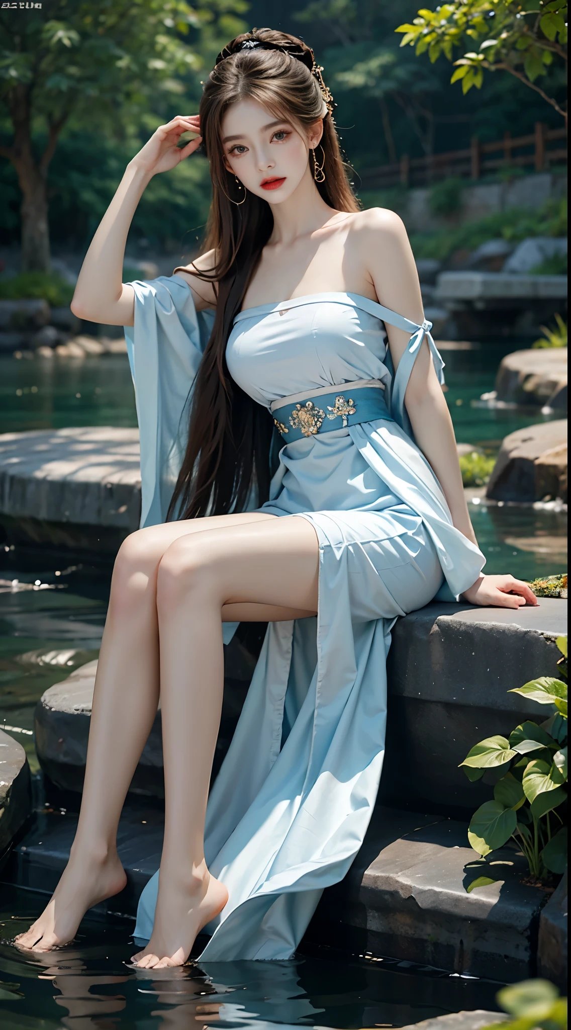 gufeng,bare shoulderasterpiece, best quality:1.2), 1girl, solo, ((bare shoulders)), night，Moonlight，((full body)), ((from below)), ((Play in the river，sitting position, sit on rock)), shiny, sweet girl, figure of heroine，Slender sexy legs，very beautiful legs，Leaking sexy legs，Big breasts，beauty, mystery。脸庞beauty精致，Otherworldly beauty。The bridge of the nose is straight，Lip color like cherry，Confident and calm。face chiseled，Skin as fair as jade，Makeup is light and delicate，Show her temperament and charm。Light foundation, Transparency of skin，perfect eyebrow shape，eye makeup,eye shadow,Eyeliner，Eyes are brighter and more energetic。涂上grace的口红，Charm and sophistication。衣服grace别致，Clothes flutter，Blown up by the wind，drifting into the distance。grace，Swinging action。Hair tied haphazardly behind the head，Secure it with a hosta，Strands of hair flutter gently in the wind，一道beauty的风景线，Attract attention。beauty、grace、mystery