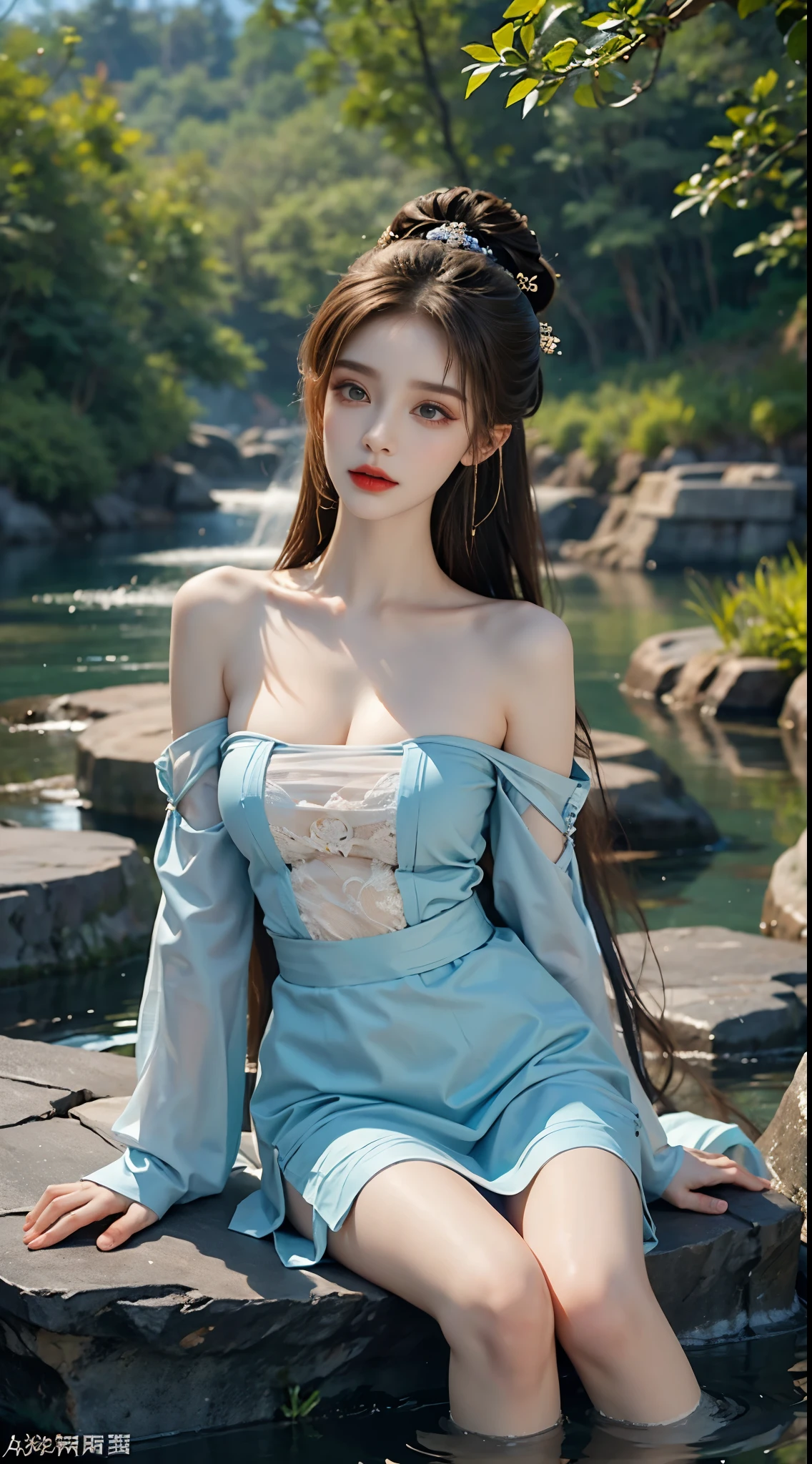 gufeng,bare shoulderasterpiece, best quality:1.2), 1girl, solo, ((bare shoulders)), night，Moonlight，((full body)), ((from below)), ((Play in the river，sitting position, sit on rock)), shiny, sweet girl, figure of heroine，Slender sexy legs，very beautiful legs，Leaking sexy legs，Big breasts，beauty, mystery。脸庞beauty精致，Otherworldly beauty。The bridge of the nose is straight，Lip color like cherry，Confident and calm。face chiseled，Skin as fair as jade，Makeup is light and delicate，Show her temperament and charm。Light foundation, Transparency of skin，perfect eyebrow shape，eye makeup,eye shadow,Eyeliner，Eyes are brighter and more energetic。涂上grace的口红，Charm and sophistication。衣服grace别致，Clothes flutter，Blown up by the wind，drifting into the distance。grace，Swinging action。Hair tied haphazardly behind the head，Secure it with a hosta，Strands of hair flutter gently in the wind，一道beauty的风景线，Attract attention。beauty、grace、mystery