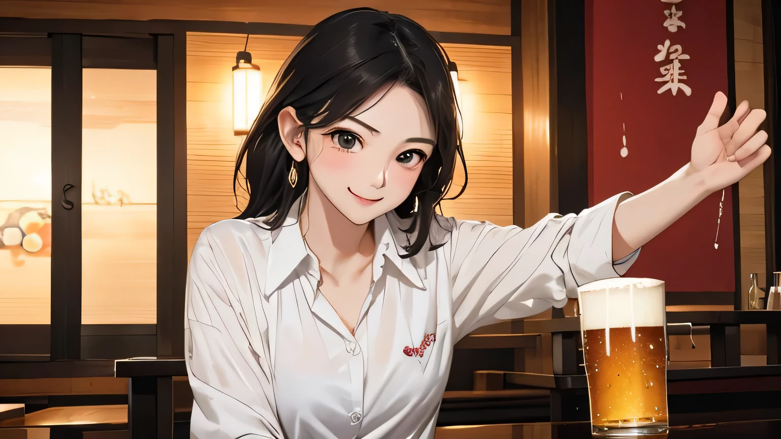 woman1名、you are wearing a shirt、The shirt is buttoned tightly、、Image shows her from the chest up.、woman&#39;face facing the camera、the camera is looking at her from the side、25 years old、Adult-like, realistic face、long face、beautiful hair, shortcut、dark and beautiful big slanted eyes, beautiful arms、beautiful fingers、Are you okay、A big smile full of exhilaration、Lift the glass towards the camera with one hand、1 glass、beer in a glass、red face、The background is a stylish izakaya