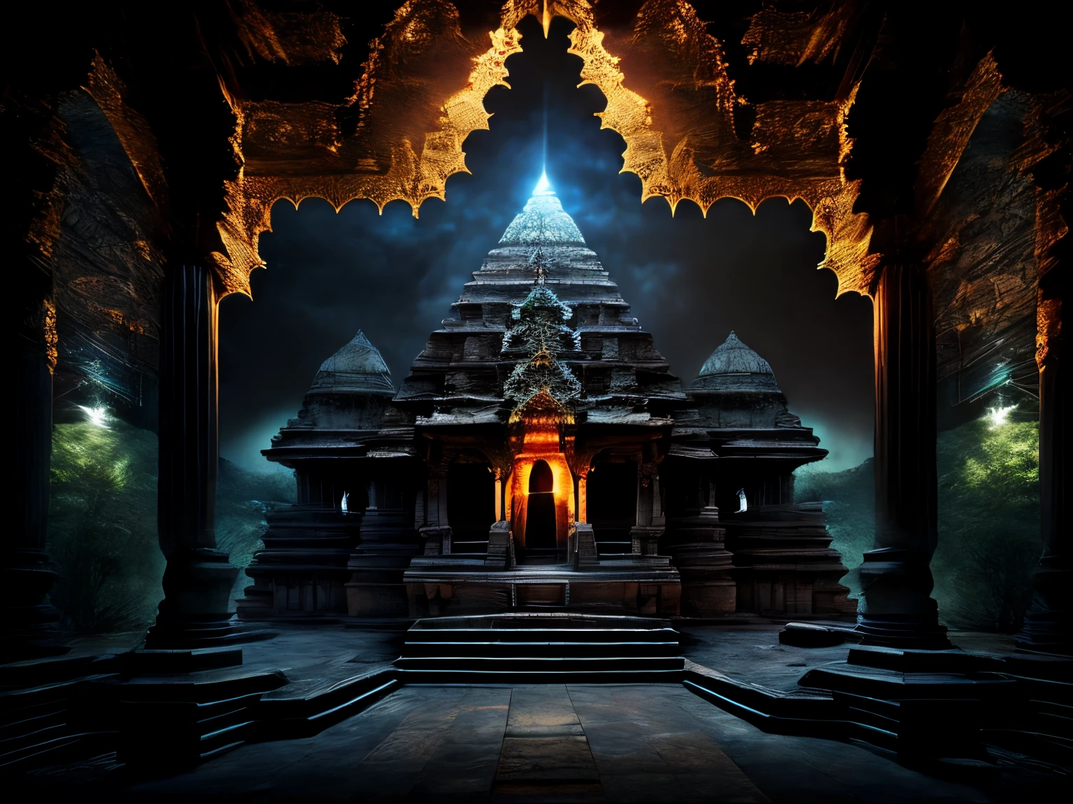 ((best quality)), (detailed), evil decor, effrayant, dieu Inde, nuit, smoke, Haunted Forest, India, pyramides, spirituality, Hindi, Hindou, temple Indien, temple Hindou