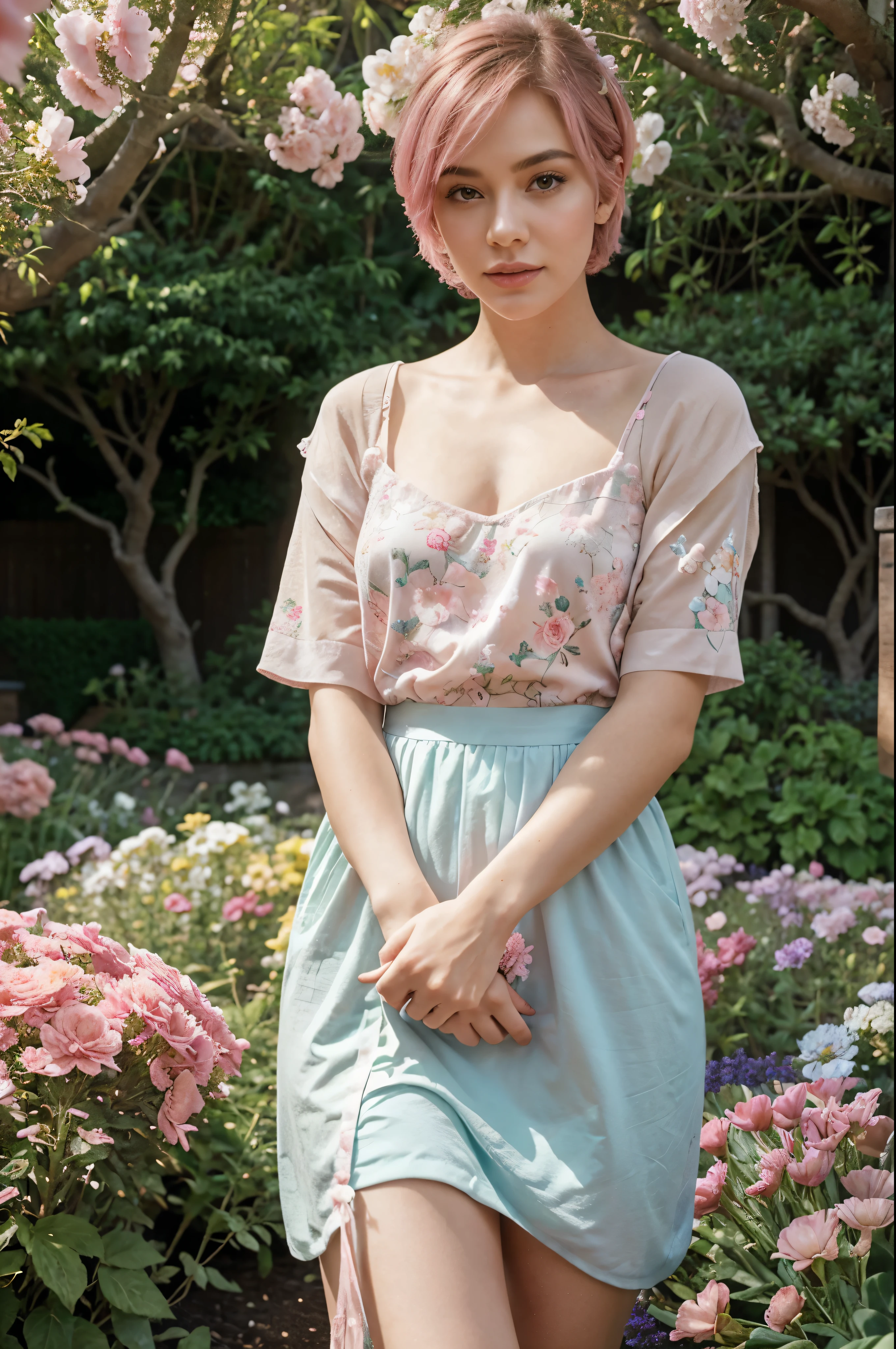 "Envelop the influencer in a whimsical garden of colorful flowers, creating a magical backdrop. Use soft lighting to accentuate the dreamy atmosphere, and ensure that the pink highlights in her short hair complement the vibrant hues of the floral surroundings, adding a touch of individuality and charm."