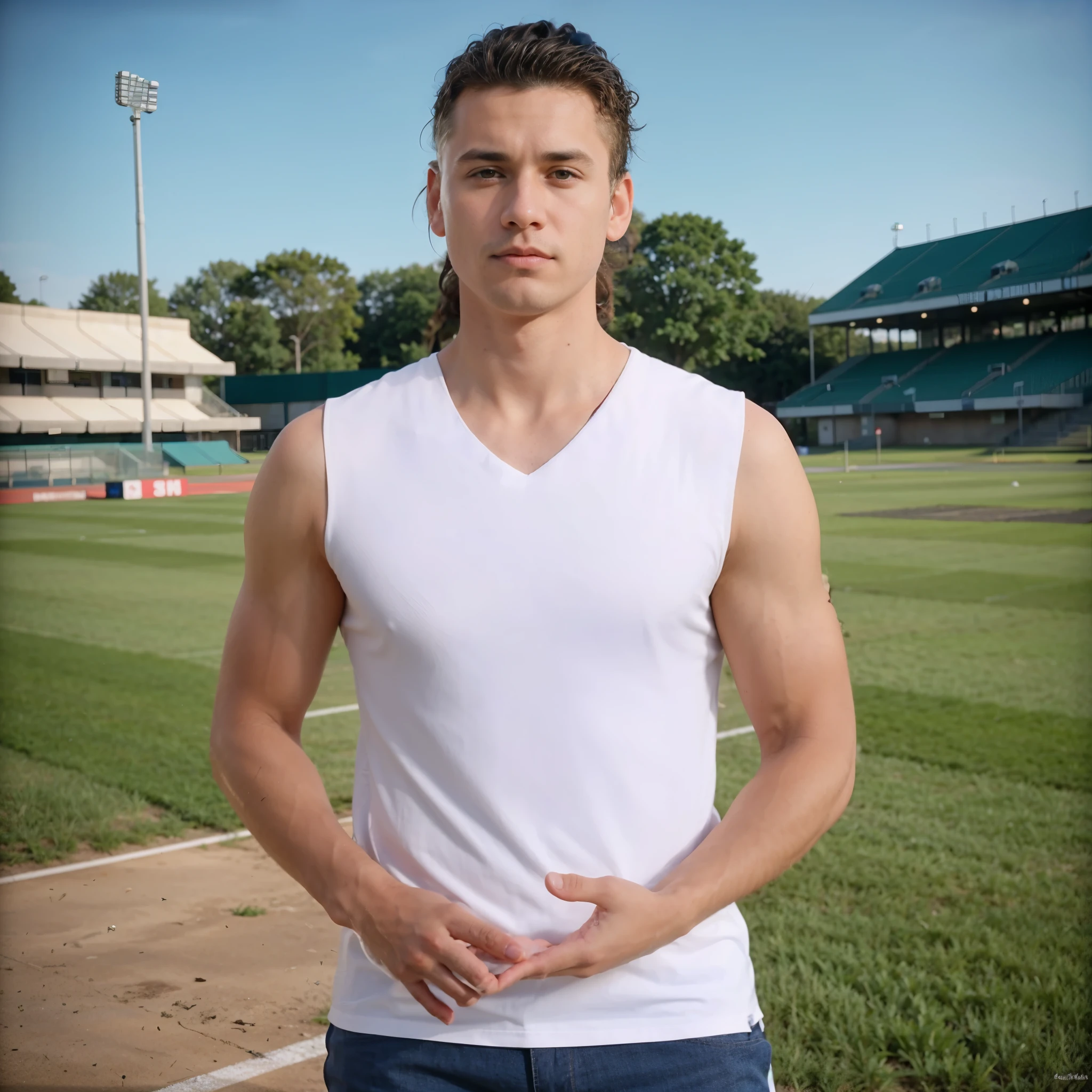 (the background is sports fields )，(((a man with short curly hair)))