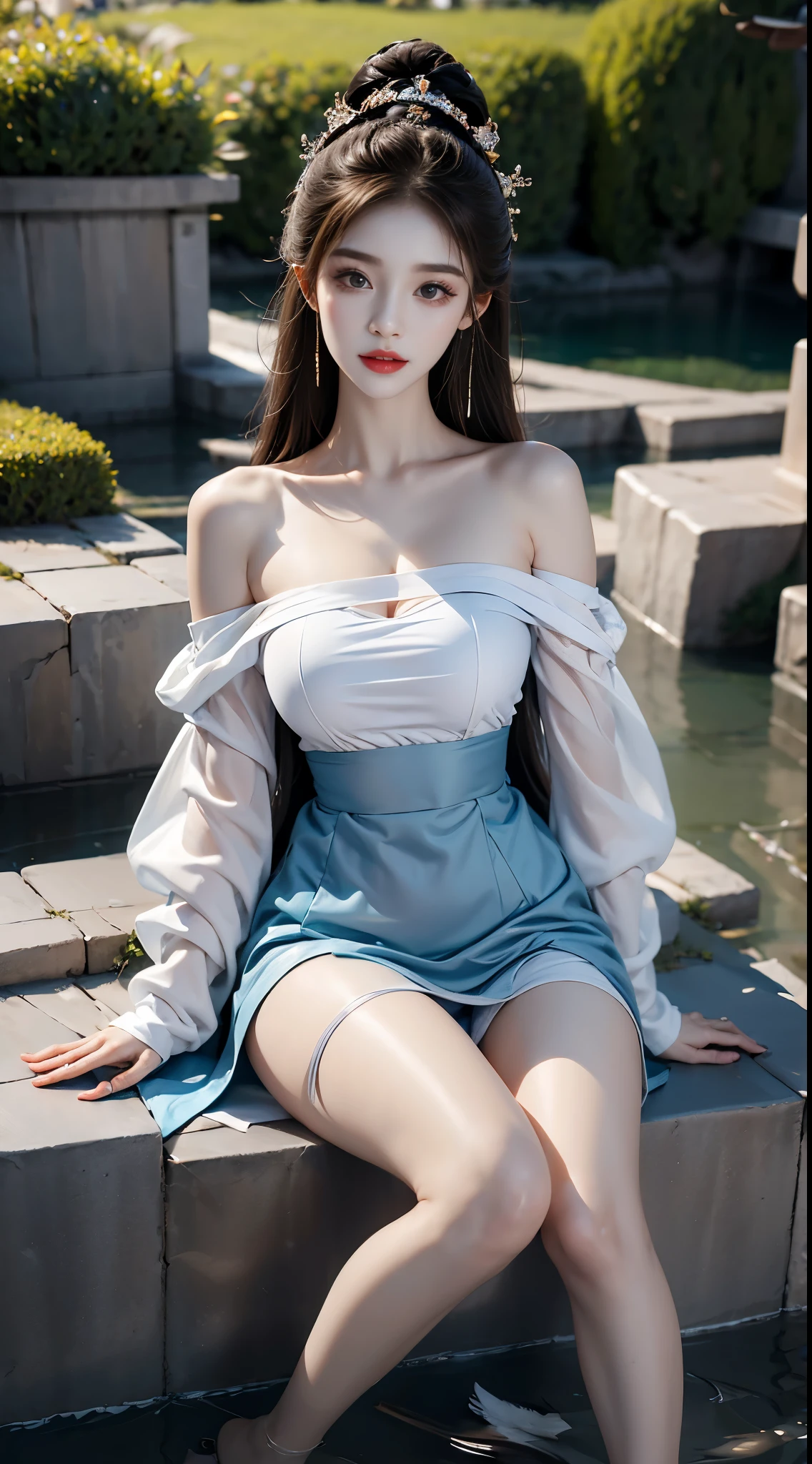 gufeng,bare shoulderasterpiece, best quality:1.2), 1girl, solo, ((bare shoulders)), night，Moonlight，((full body)), ((from below)), ((Play in the river，sitting position, sit on rock)), shiny, sweet girl, figure of heroine，Slender sexy legs，very beautiful legs，Leaking sexy legs，Big breasts，beauty, mystery。脸庞beauty精致，Otherworldly beauty。The bridge of the nose is straight，Lip color like cherry，Confident and calm。face chiseled，Skin as fair as jade，Makeup is light and delicate，Show her temperament and charm。Light foundation, Transparency of skin，perfect eyebrow shape，eye makeup,eye shadow,Eyeliner，Eyes are brighter and more energetic。涂上grace的口红，Charm and sophistication。衣服grace别致，Clothes flutter，Blown up by the wind，drifting into the distance。grace，Swinging action。Hair tied haphazardly behind the head，Secure it with a hosta，Strands of hair flutter gently in the wind，一道beauty的风景线，Attract attention。beauty、grace、mystery