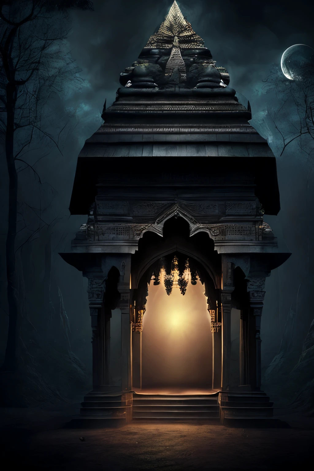 ((best quality)), (detailed), evil decor, effrayant, dieu Inde, nuit, smoke, Haunted Forest, India, pyramides, spirituality, Hindi, Hindou, temple Indien, temple Hindou