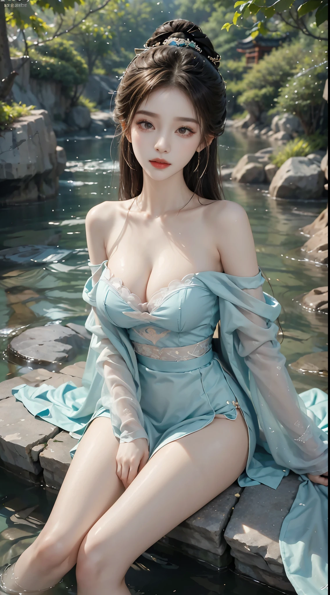 gufeng,bare shoulderasterpiece, best quality:1.2), 1girl, solo, ((bare shoulders)), night,Moonlight,((full body)), ((from below)), ((Play in the river,sitting position, sit on rock)), shiny, sweet girl, figure of heroine,Slender sexy legs,very beautiful legs,Leaking sexy legs,Big breasts,beauty, mystery。脸庞beauty精致,Otherworldly beauty。The bridge of the nose is straight,Lip color like cherry,Confident and calm。face chiseled,Skin as fair as jade,Makeup is light and delicate,Show her temperament and charm。Light foundation, Transparency of skin,perfect eyebrow shape,eye makeup,eye shadow,Eyeliner,Eyes are brighter and more energetic。涂上grace的口红,Charm and sophistication。衣服grace别致,Clothes flutter,Blown up by the wind,drifting into the distance。grace,Swinging action。Hair tied haphazardly behind the head,Secure it with a hosta,Strands of hair flutter gently in the wind,一道beauty的风景线,Attract attention。beauty、grace、mystery