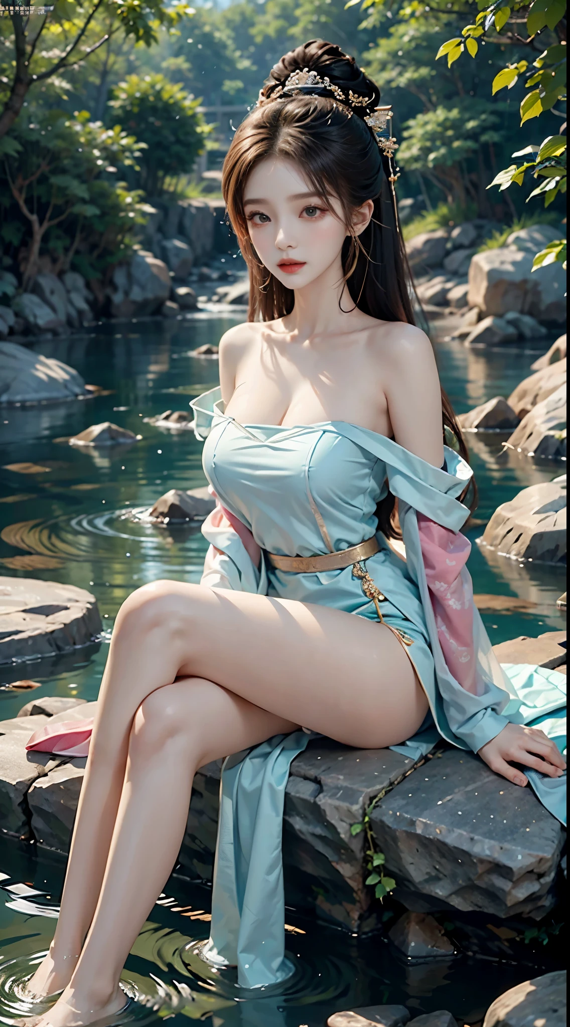 gufeng,bare shoulderasterpiece, best quality:1.2), 1girl, solo, ((bare shoulders)), night，Moonlight，((full body)), ((from below)), ((Play in the river，sitting position, sit on rock)), shiny, sweet girl, figure of heroine，Slender sexy legs，very beautiful legs，Leaking sexy legs，Big breasts，beauty, mystery。脸庞beauty精致，Otherworldly beauty。The bridge of the nose is straight，Lip color like cherry，Confident and calm。face chiseled，Skin as fair as jade，Makeup is light and delicate，Show her temperament and charm。Light foundation, Transparency of skin，perfect eyebrow shape，eye makeup,eye shadow,Eyeliner，Eyes are brighter and more energetic。涂上grace的口红，Charm and sophistication。衣服grace别致，Clothes flutter，Blown up by the wind，drifting into the distance。grace，Swinging action。Hair tied haphazardly behind the head，Secure it with a hosta，Strands of hair flutter gently in the wind，一道beauty的风景线，Attract attention。beauty、grace、mystery