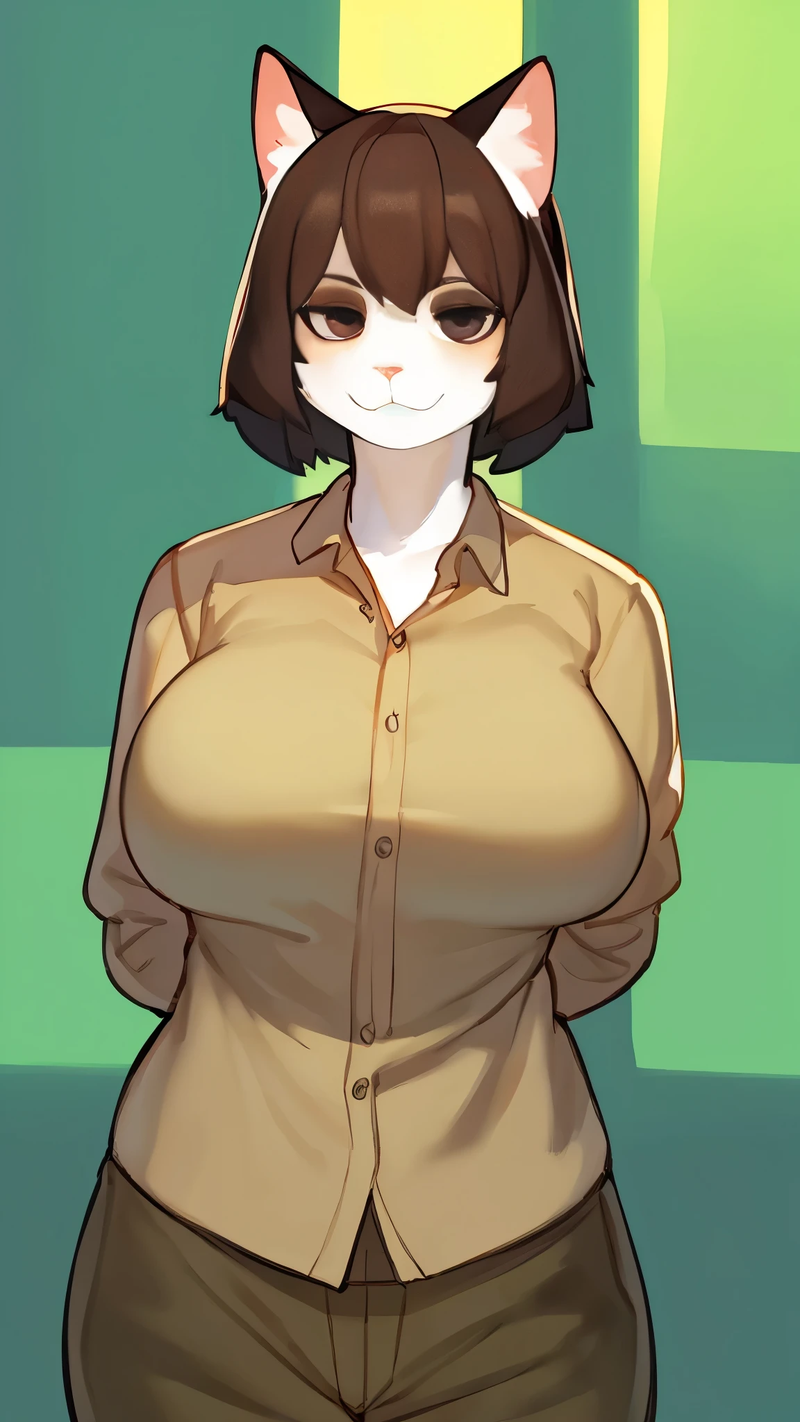 By bebebebebe, by chelodoy, by goonie-san, solo, standing, female, feline, cat, white fur with grey splotches, short straight hair, dark brown hair, ((snout, hair)), ((detailed eyes)), (dark brown eyes), big breasts, looking at viewer, green button up shirt, khaki pants, hands behind back, facing viewer