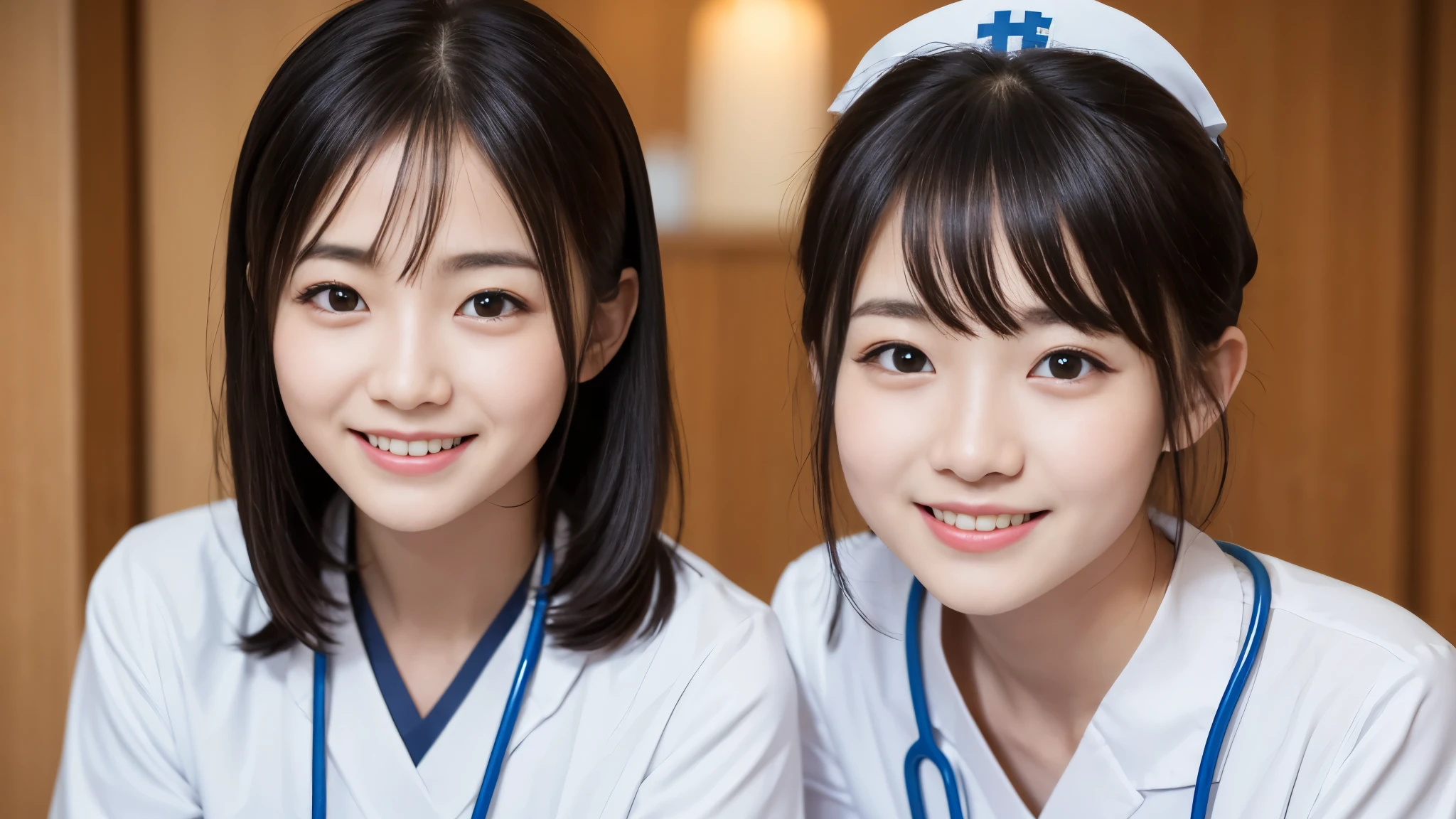 ((masutepiece:1.2), (Best Quality:1.2), (Extremely detailed:1.2), (extra detailed face), (ultra-detailliert), 1girl in, Japanese, (close up:0), (From above:1.1), (facials:1.2), ,((Smile and open your mouth:1.5)), pov hand, (cleavage of the breast:1.3), (Nurse Uniform:1.5),selfee:2、