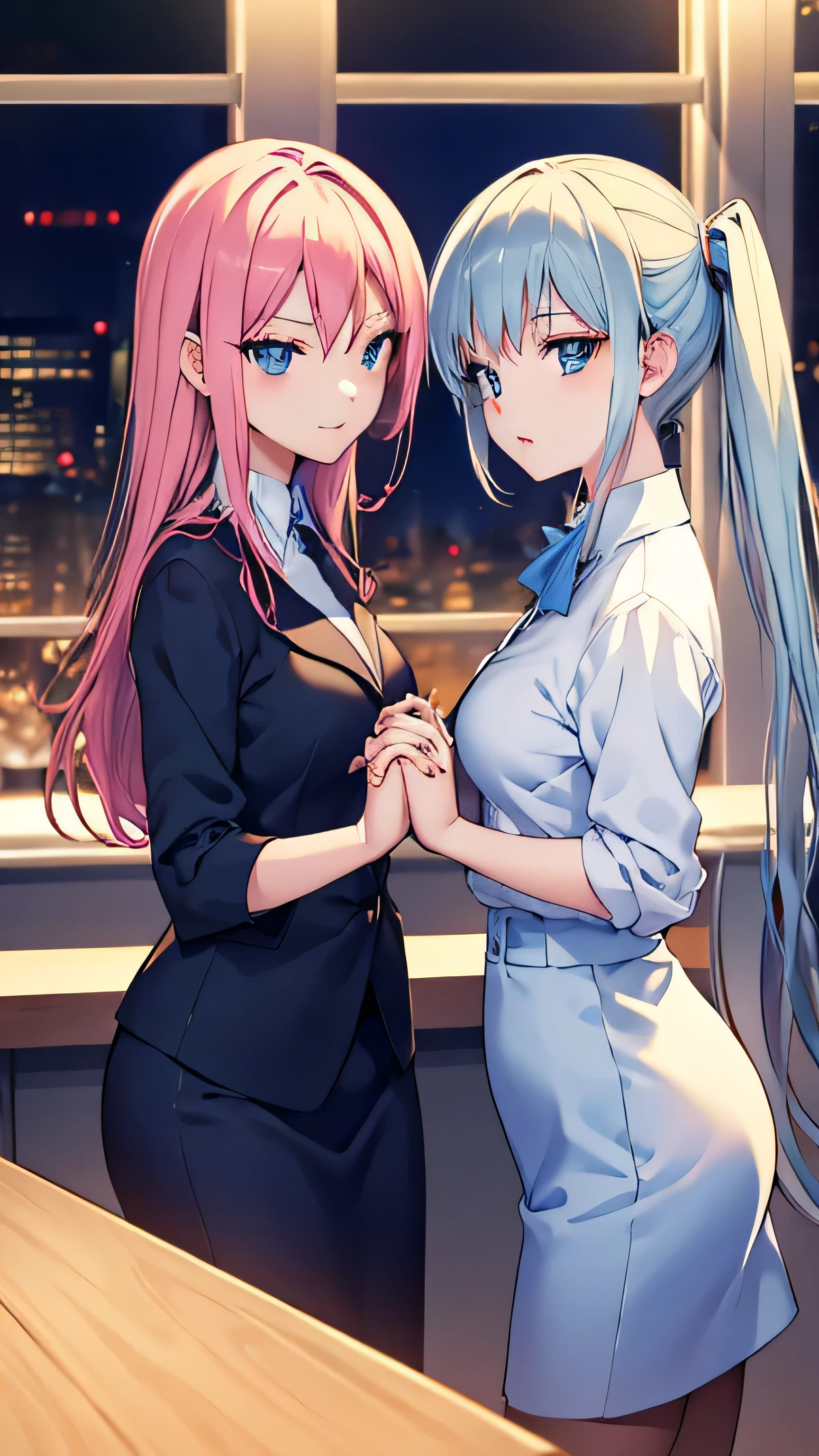 anime, Two office ladies wearing shirts, face each other and join hands,Two people staring at the camera, twinsと一緒に, twins, Like a bud of art, beautiful anime style, Renji Murata and Art Germ, two girls,