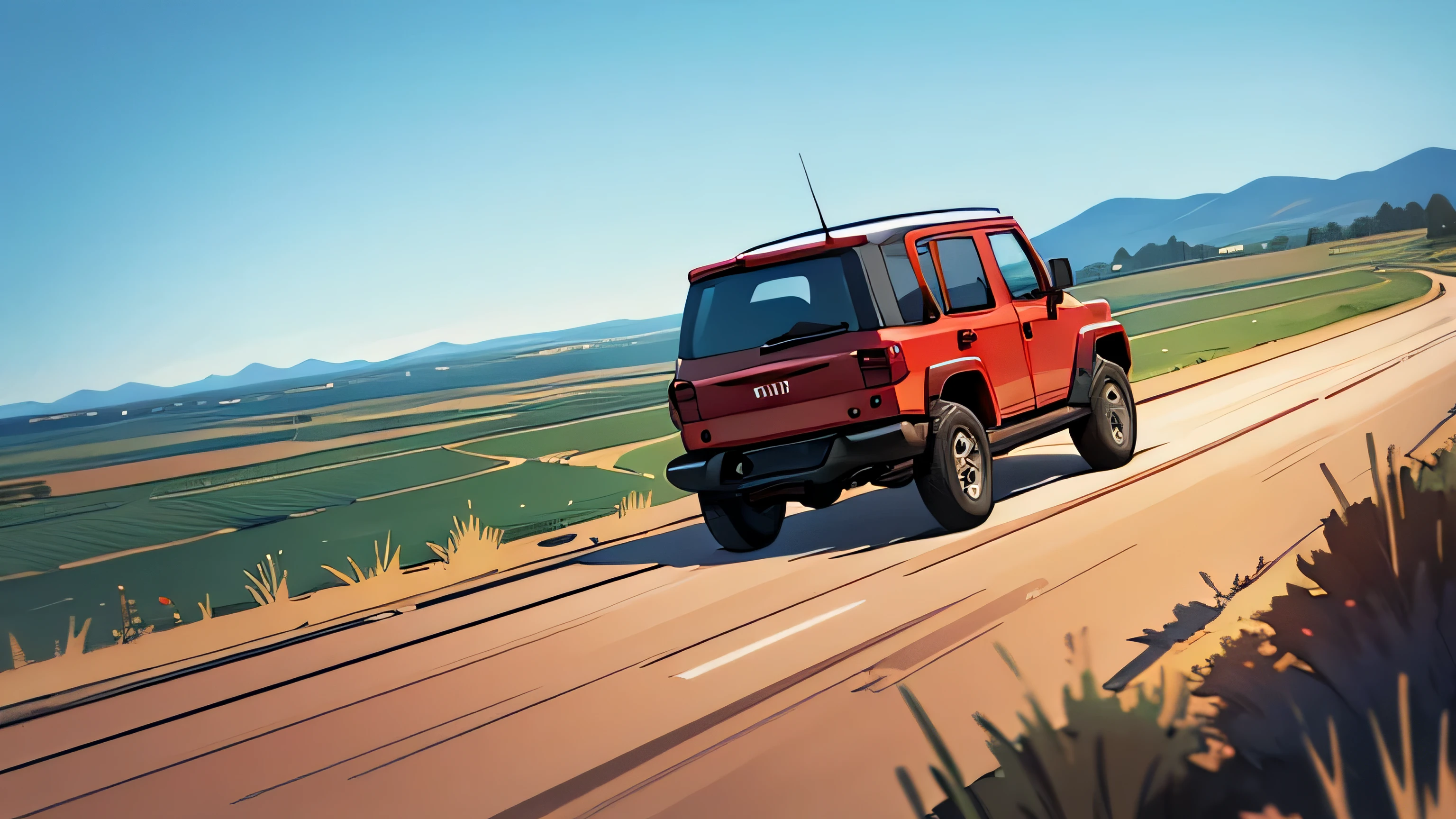 A single red jeep driving down a flat country road from a far distance