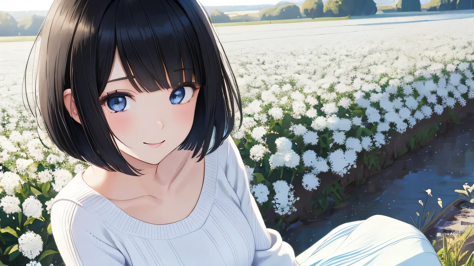 1 female、28 years old、Adult and realistic face、long face、beautiful hair, black hair、shortcut、bob cut、fine and beautiful eyes、big slanted eyes, black eyelashes、 Are you okay、A big smile full of softness、light blue knit sweater、white long skirt、Inside the rape blossom field、sitting、The camera is looking diagonally above her..、she is looking at the camera