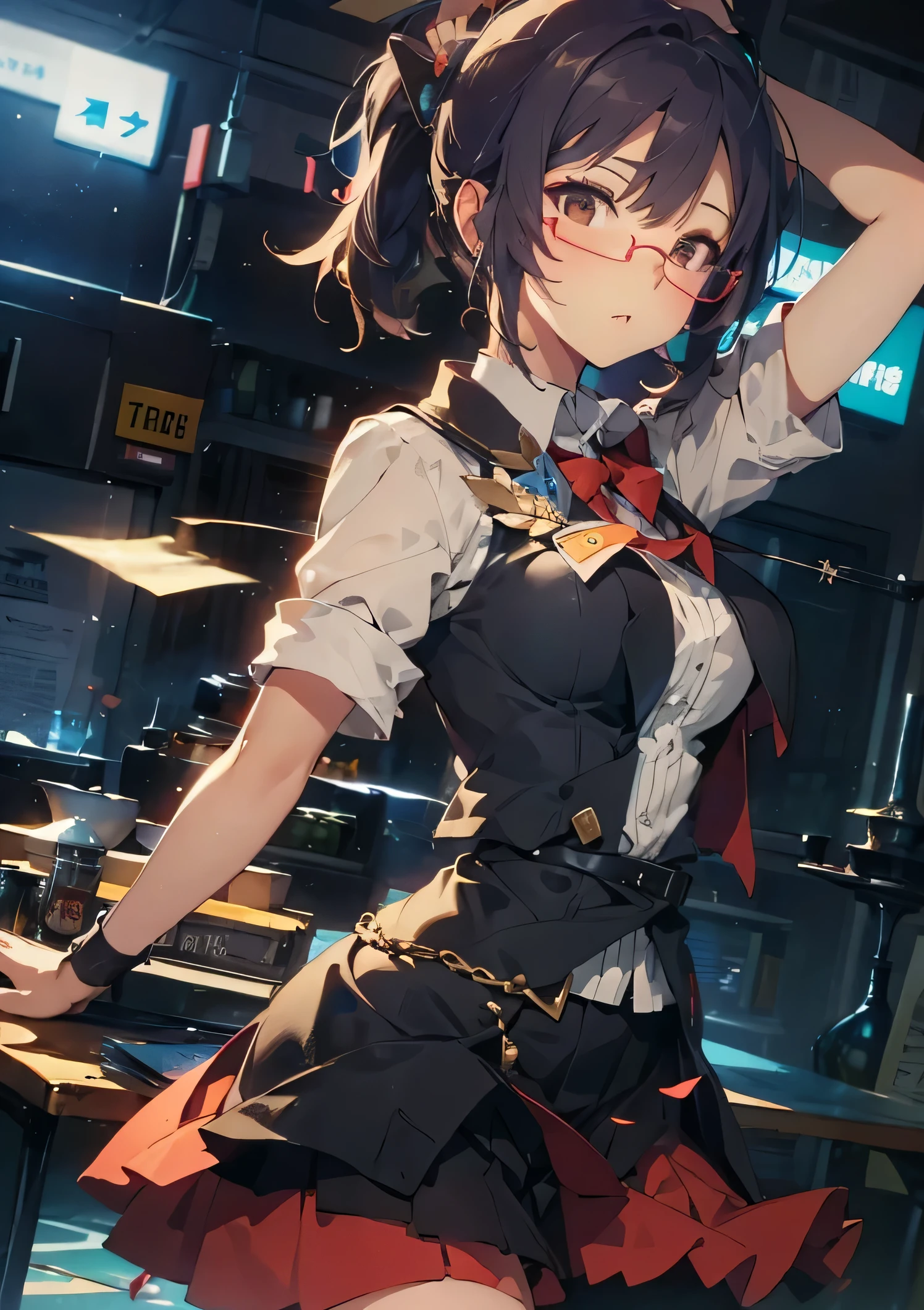 1 female、brown haired、brown eyes、black rim glasses、 highest quality、Super detailed、8K resolution、RAW photo、table top、gorgeous face、perfect body、School、Blazer Uniform
