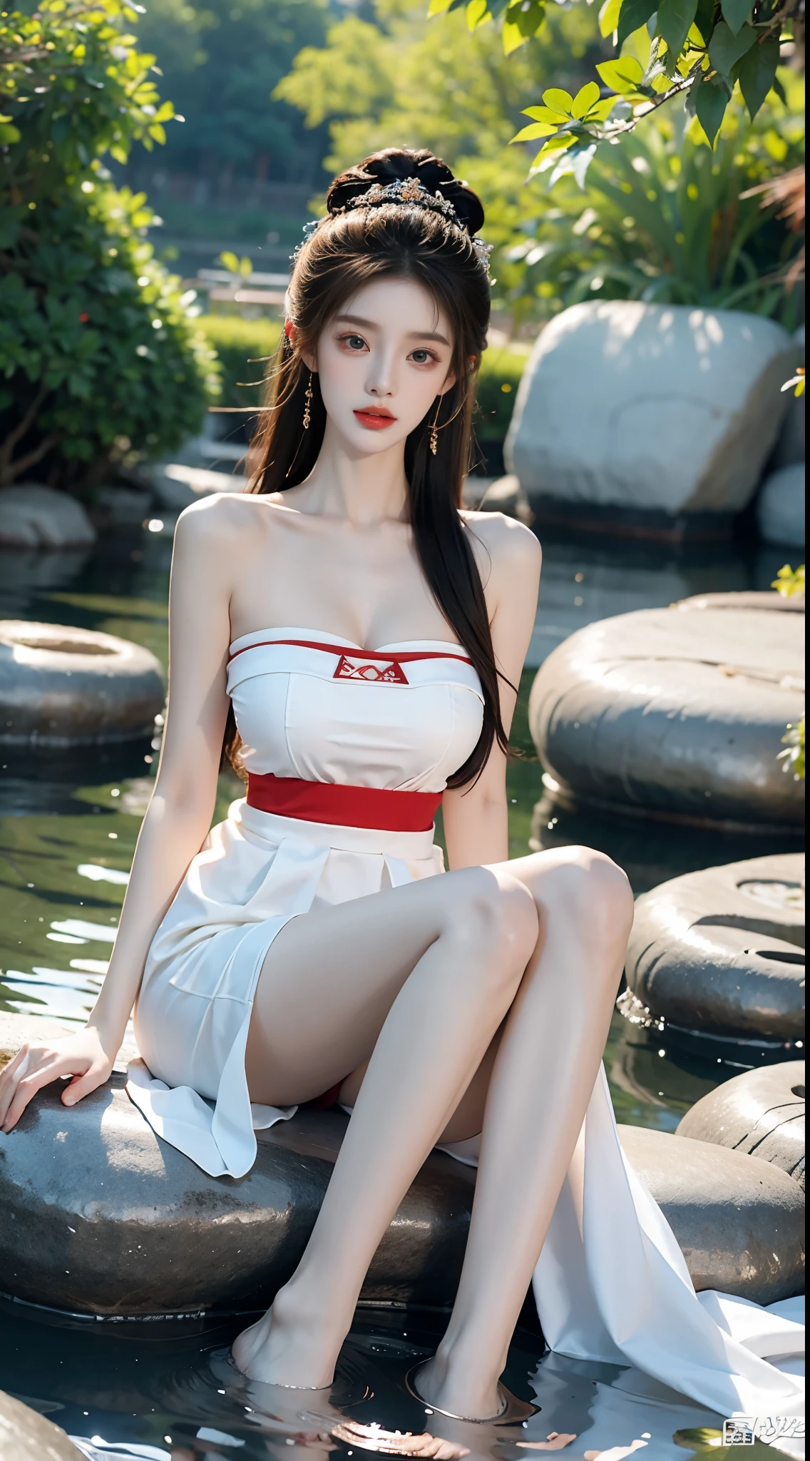 gufeng,bare shoulderasterpiece, best quality:1.2), 1girl, solo, ((bare shoulders)), night，Moonlight，((full body)), ((from below)), ((Play in the river，sitting position, sit on rock)), shiny, sweet girl, figure of heroine，Slender sexy legs，very beautiful legs，Leaking sexy legs，Big breasts，beauty, mystery。脸庞beauty精致，Otherworldly beauty。The bridge of the nose is straight，Lip color like cherry，Confident and calm。face chiseled，Skin as fair as jade，Makeup is light and delicate，Show her temperament and charm。Light foundation, Transparency of skin，perfect eyebrow shape，eye makeup,eye shadow,Eyeliner，Eyes are brighter and more energetic。涂上grace的口红，Charm and sophistication。衣服grace别致，Clothes flutter，Blown up by the wind，drifting into the distance。grace，Swinging action。Hair tied haphazardly behind the head，Secure it with a hosta，Strands of hair flutter gently in the wind，一道beauty的风景线，Attract attention。beauty、grace、mystery