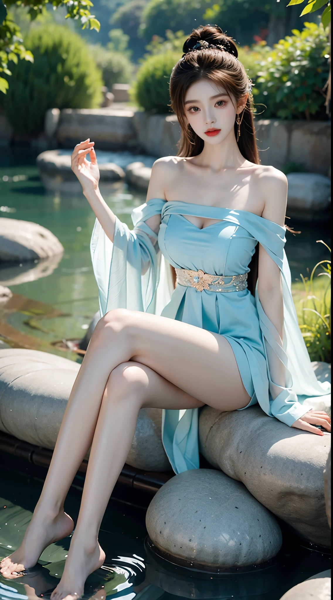 gufeng,bare shoulderasterpiece, 1girl, solo, ((bare shoulders)), night，Moonlight，((full body)), ((from below)), ((Play in the river，sitting position, sit on rock)), shiny, sweet girl, figure of heroine，Slender sexy legs，very beautiful legs，Leaking sexy legs，Big breasts，beauty, mystery。脸庞beauty精致，Otherworldly beauty。The bridge of the nose is straight，Lip color like cherry，Confident and calm。face chiseled，Skin as fair as jade，Makeup is light and delicate，Show her temperament and charm。Light foundation, Transparency of skin，perfect eyebrow shape，eye makeup,eye shadow,Eyeliner，Eyes are brighter and more energetic。涂上grace的口红，Charm and sophistication。衣服grace别致，Clothes flutter，Blown up by the wind，drifting into the distance。grace，Swinging action。Hair tied haphazardly behind the head，Secure it with a hosta，Strands of hair flutter gently in the wind，一道beauty的风景线，Attract attention。beauty、grace、mystery