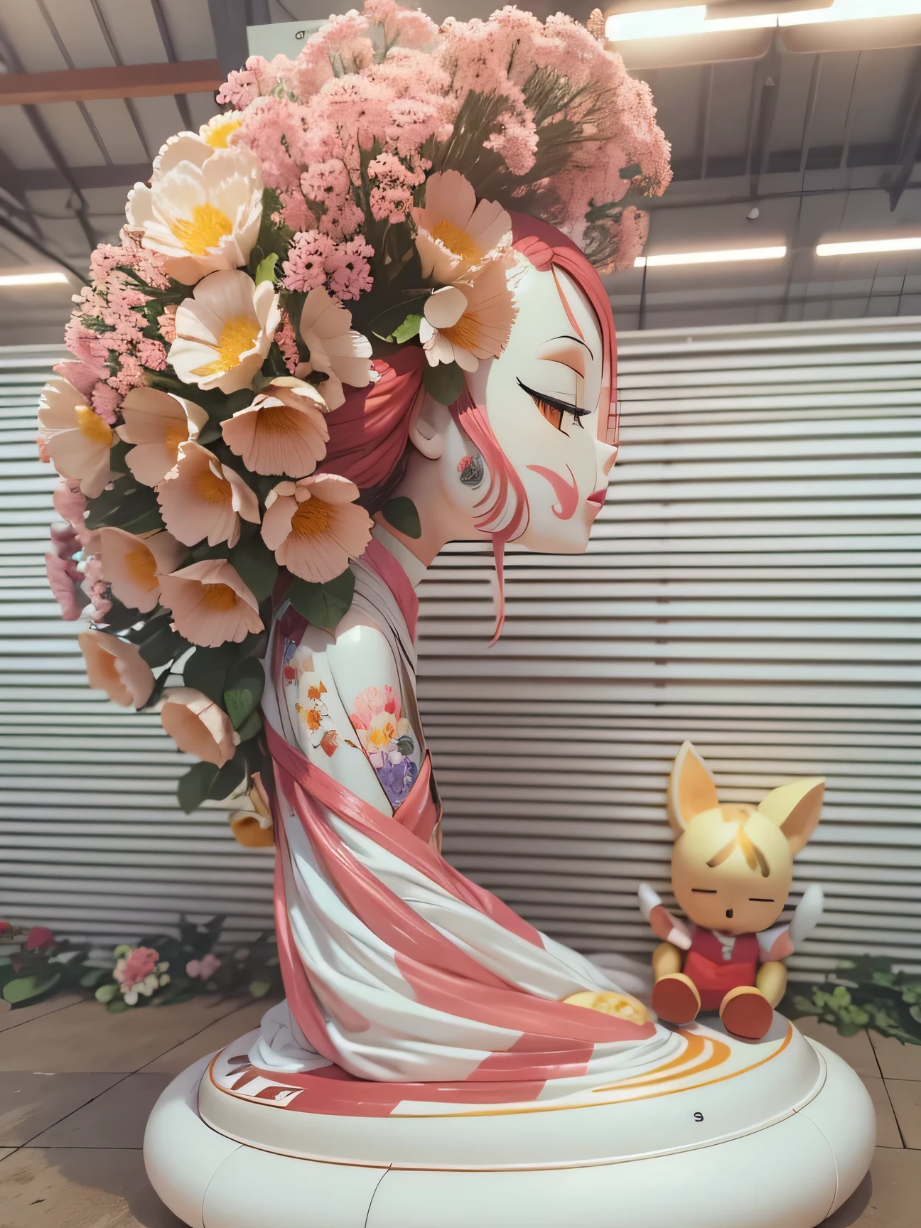 3.5m fiberglass sculpture,rendering,cartoon doll image,full field of view,Inflatable flower decoration,There is a romantic atmosphere,Suitable for commercial exhibition display