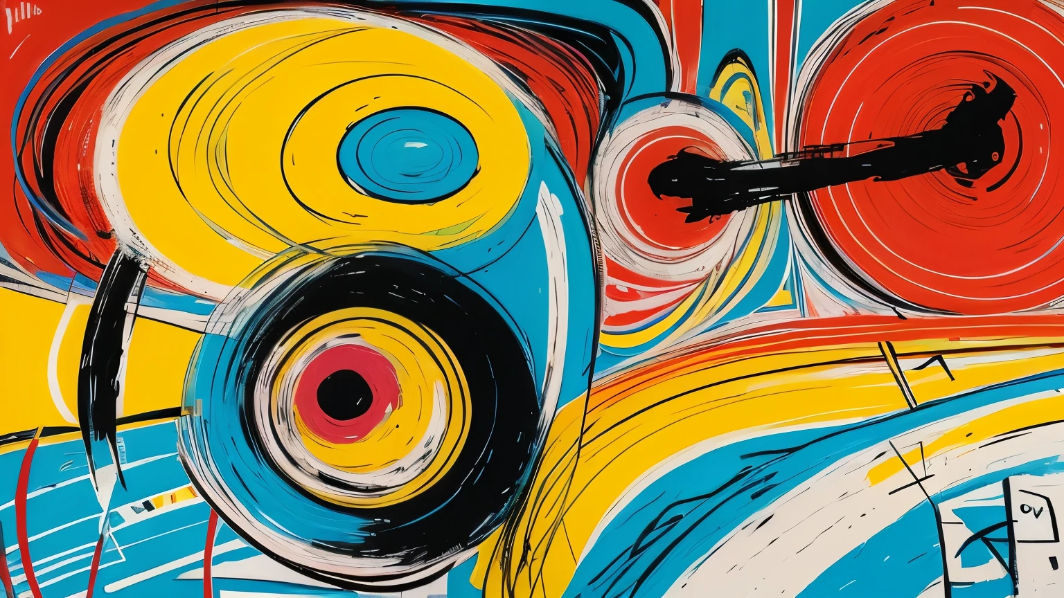 The composition is an energetic, gestural explosion of Basquiat's signature elements - bold brushstrokes, scribbled lines, and symbolic imagery. In the center is an abstract human figure rendered in black and shades of gray, with elongated limbs and a pensive facial expression. This figure appears to be at a crossroads, surrounded by a vibrant whirlwind of colors, shapes, and symbols.
Warm tones of yellows, oranges, and reds swirl around the figure, representing the sparks of new perspectives and possibilities. Cool blues and greens also flow through, suggesting the transition from the old to the new. Basquiat's iconic crown motifs hover above, symbolizing newfound clarity and self-realization.
Various abstract shapes and lines radiate outward, full of movement and momentum, capturing the concept of transition and change. Despite the seeming chaos, an uplifting, positive energy permeates throughout, leaving an impression of hope and the powerful potential for personal growth inherent in life's transitions. The overall style is quintessentially neo-expressionist Basquiat, raw yet profound.