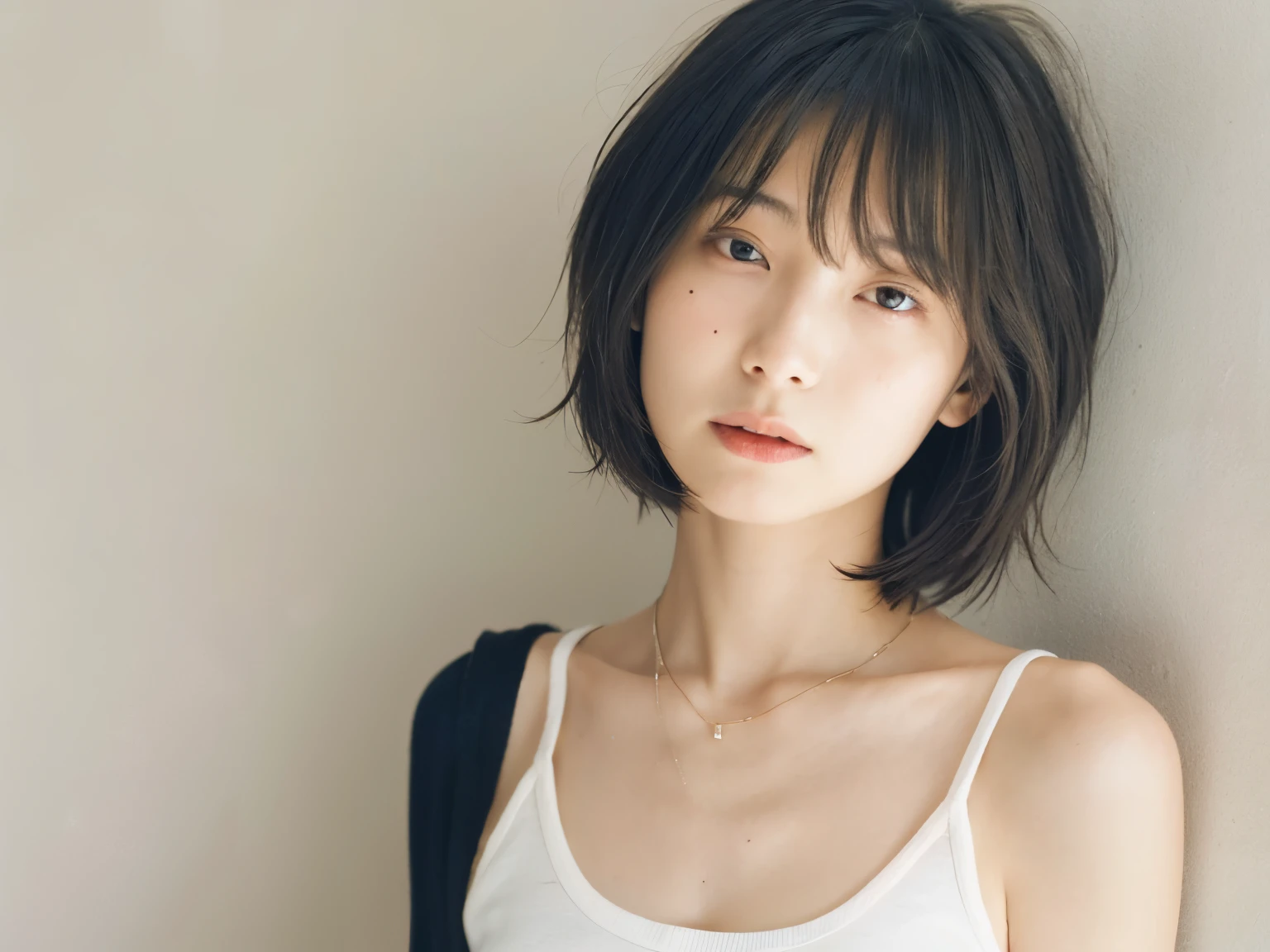 See-through tops、camisole、(背景にWhite wall、Some of her clothes are mint green.:1.4)、White wall、In front of a white door、(窓のあるWhite wallの部屋)、 ((Extremely precise and accurate anatomy:1.0)), (photo Realistic:1.4), (hyper Realistic:1.4), (最高品質のRealisticな肌の質感:1.4), (Improvement of quality:1.4), (Enhances the beauty of skin texture:1.1), Clean and glowing skin, mesh, thin:1.2, (Realistic:1.3), Realisticなライティング, (Smoother lighting:1.05), (Improving the quality of cinema lighting:0.9), Backlight, A gentle light for your face, Ray Tracing, (Bright light:1.2), 32K, One Japanese woman, fine grain, Detailed face, (Film Grain:1.1),(Accentuates body lines:1.1), High resolution, Natural look, Kind eyes, Improves hair quality, Delicate light and shadow, Transparent muscles, Graceful pose, Beautiful Eyes, Sharp details, Soft light reflection, Beautiful contours, Delicate skin tone, Fine hair texture, 超High resolution、(photoGenuineistic:1.4)、RAW Photos、Japanese,(Detailed aspect)、Genuine、Photographed in natural light、非常にDetailed faceと肌の質感、Highly detailed lips、The correct state of the human body、Medium Hair、Black Hair、Various poses、Natural color lip