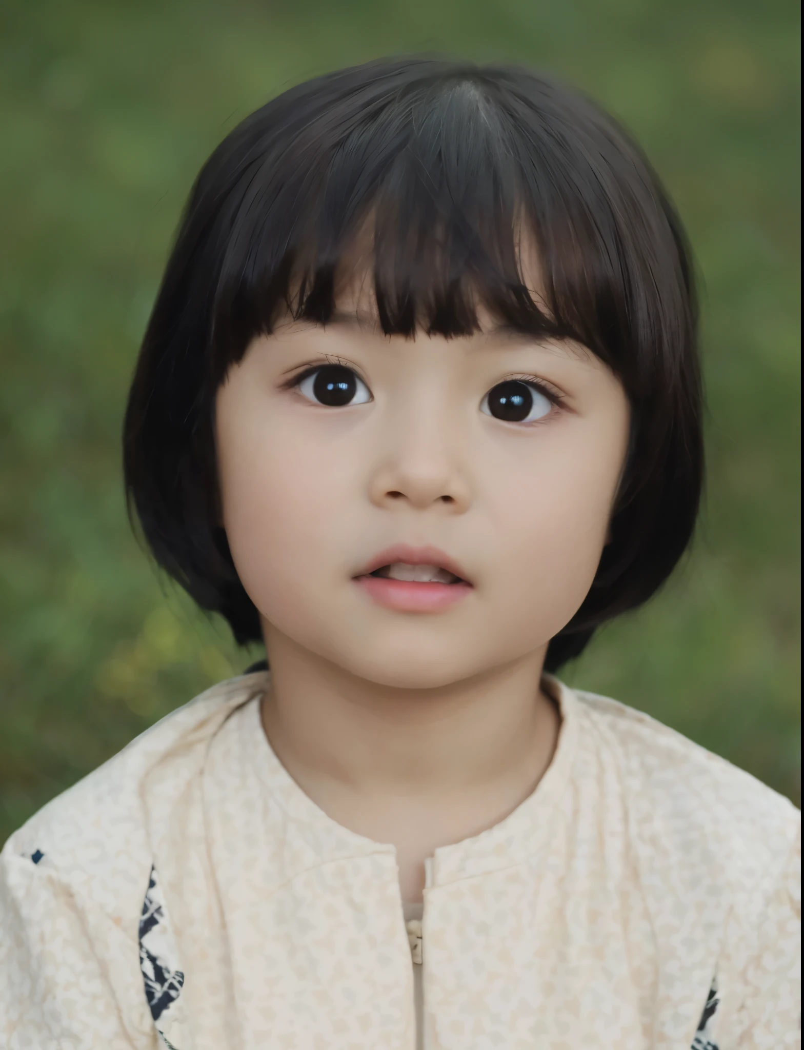 portrait of a beautiful girl wearing a white, patterned dress