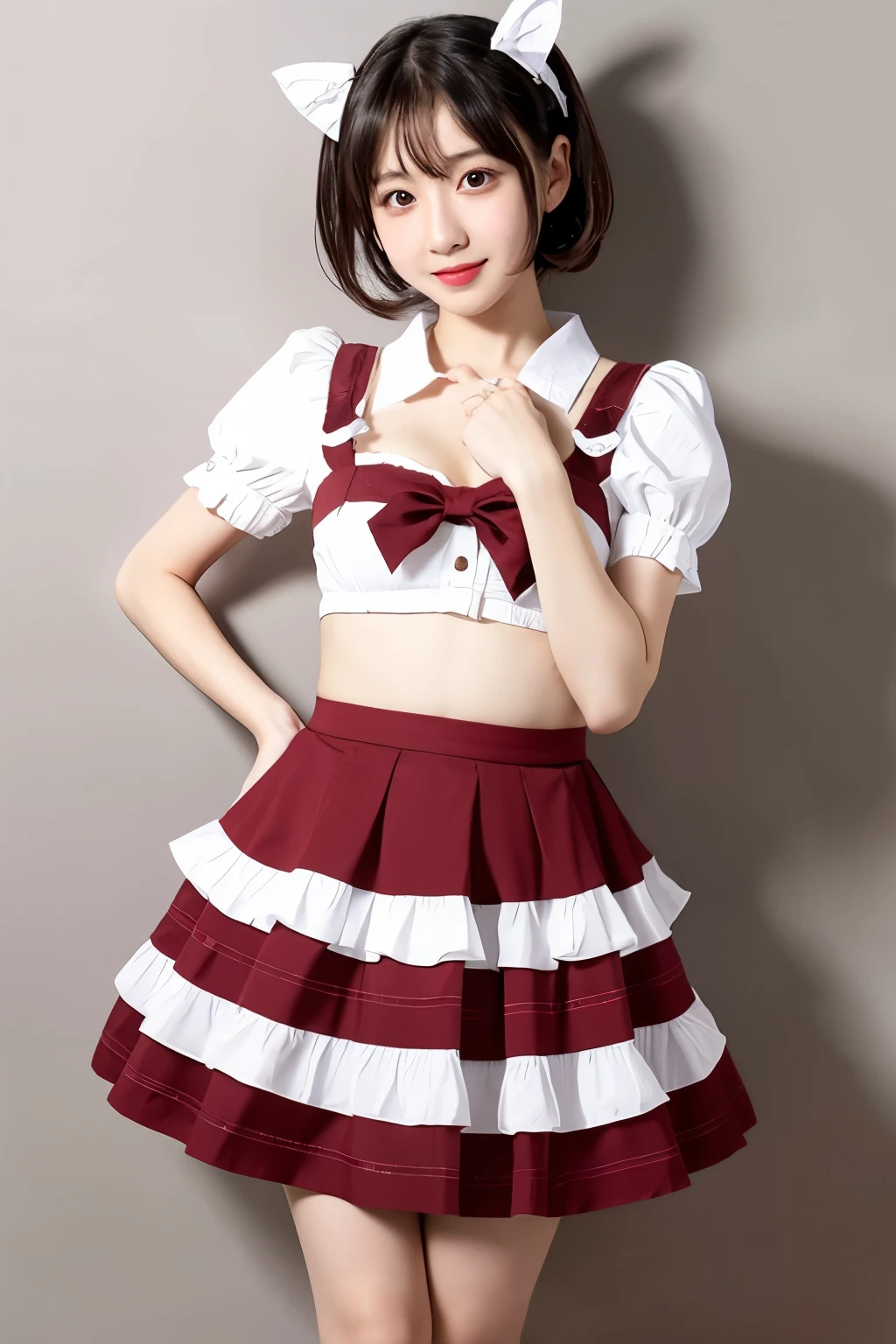 1girl, solo, small breasts, suspender skirt, white shirt, red bowtie, happy