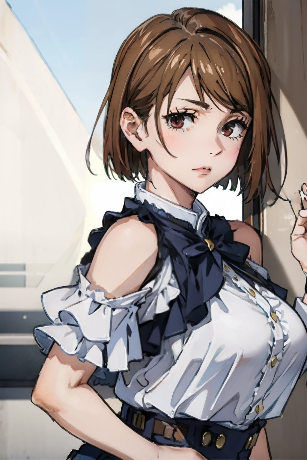 brown hair, brown eyes, short hair, closed mouth, bangs, looking at the viewer、big breasts、jirai kei fashion