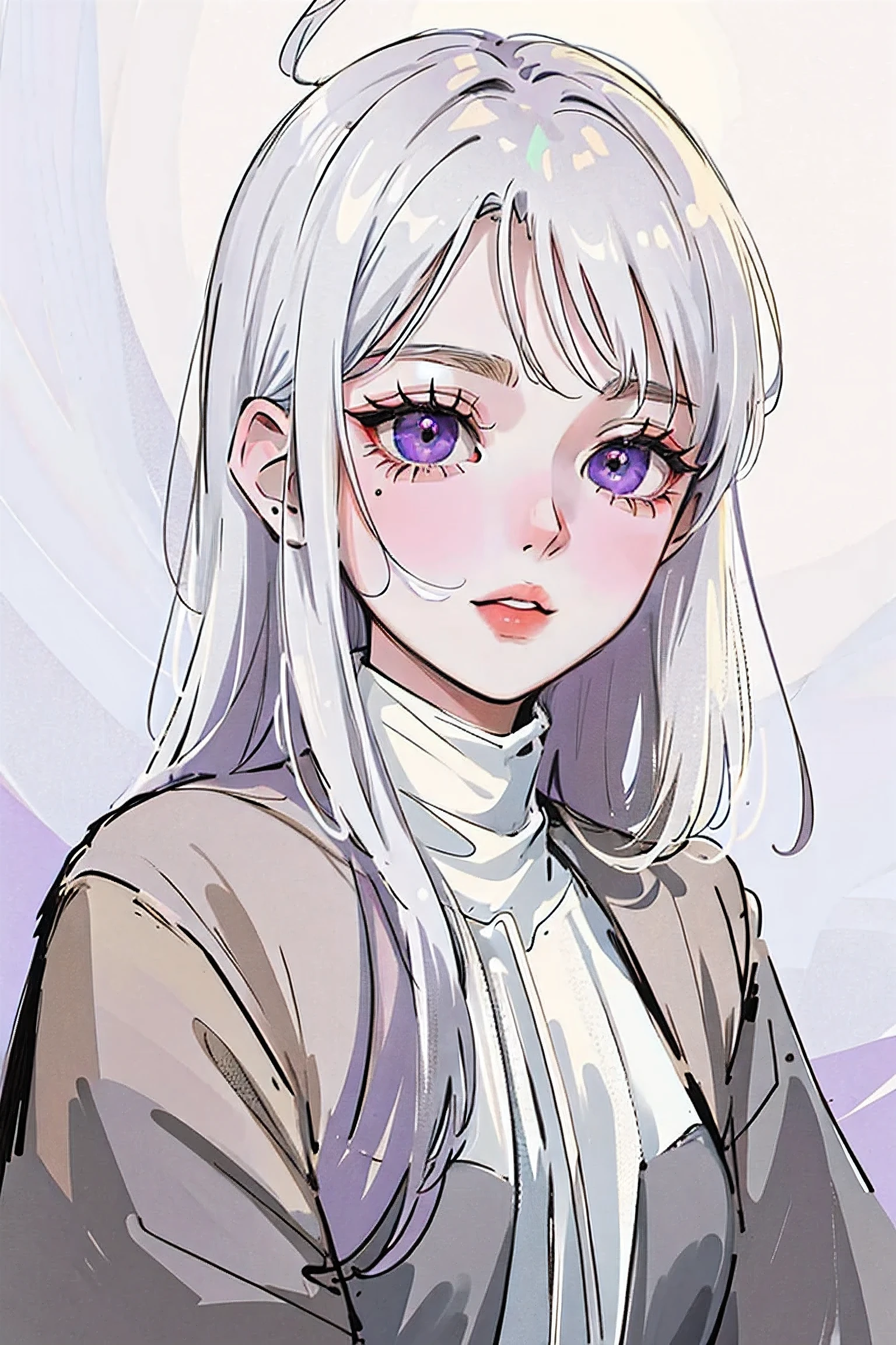 (masterpiece:1.2, top quality:1.2), from above, Upper body, 1 girl in, look up, surface focus, The facial details are particularly rich, extremely detailed eyes，black hair，purple eyes，turtleneck sweater，white sweater，black hair，