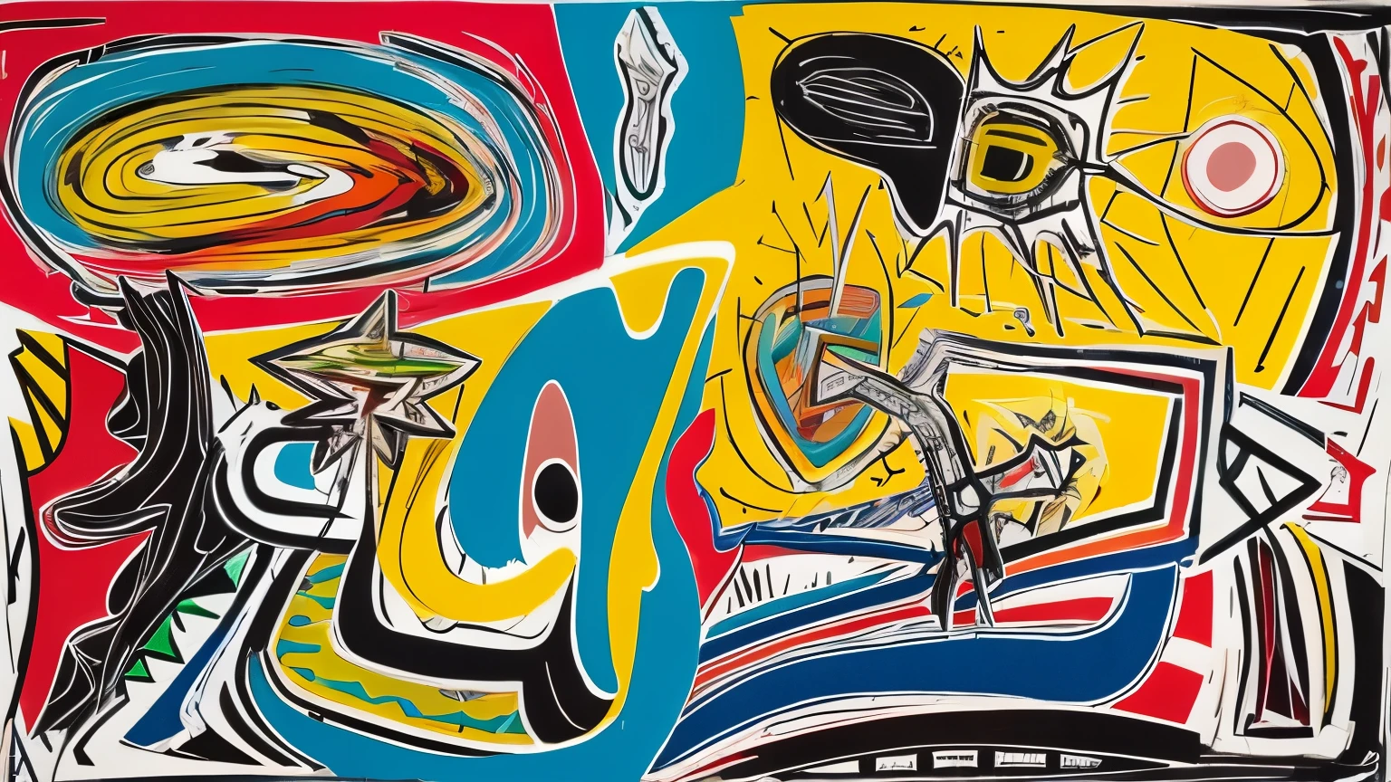 The composition is an energetic, gestural explosion of Basquiat's signature elements - bold brushstrokes, scribbled lines, and symbolic imagery. In the center is an abstract human figure rendered in black and shades of gray, with elongated limbs and a pensive facial expression. This figure appears to be at a crossroads, surrounded by a vibrant whirlwind of colors, shapes, and symbols.
Warm tones of yellows, oranges, and reds swirl around the figure, representing the sparks of new perspectives and possibilities. Cool blues and greens also flow through, suggesting the transition from the old to the new. Basquiat's iconic crown motifs hover above, symbolizing newfound clarity and self-realization.
Various abstract shapes and lines radiate outward, full of movement and momentum, capturing the concept of transition and change. Despite the seeming chaos, an uplifting, positive energy permeates throughout, leaving an impression of hope and the powerful potential for personal growth inherent in life's transitions. The overall style is quintessentially neo-expressionist Basquiat, raw yet profound.