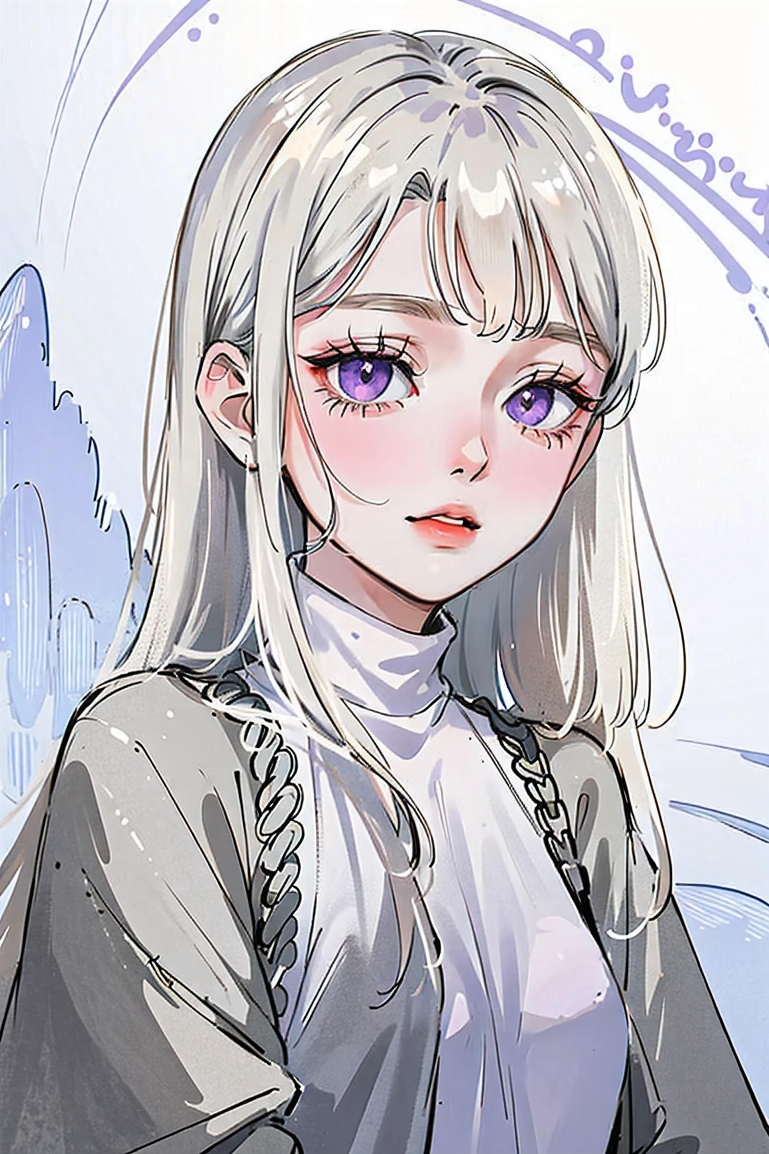 (masterpiece:1.2, top quality:1.2), from above, Upper body, 1 girl in, look up, surface focus, The facial details are particularly rich, extremely detailed eyes,black hair,purple eyes,turtleneck sweater,white sweater,black hair,
