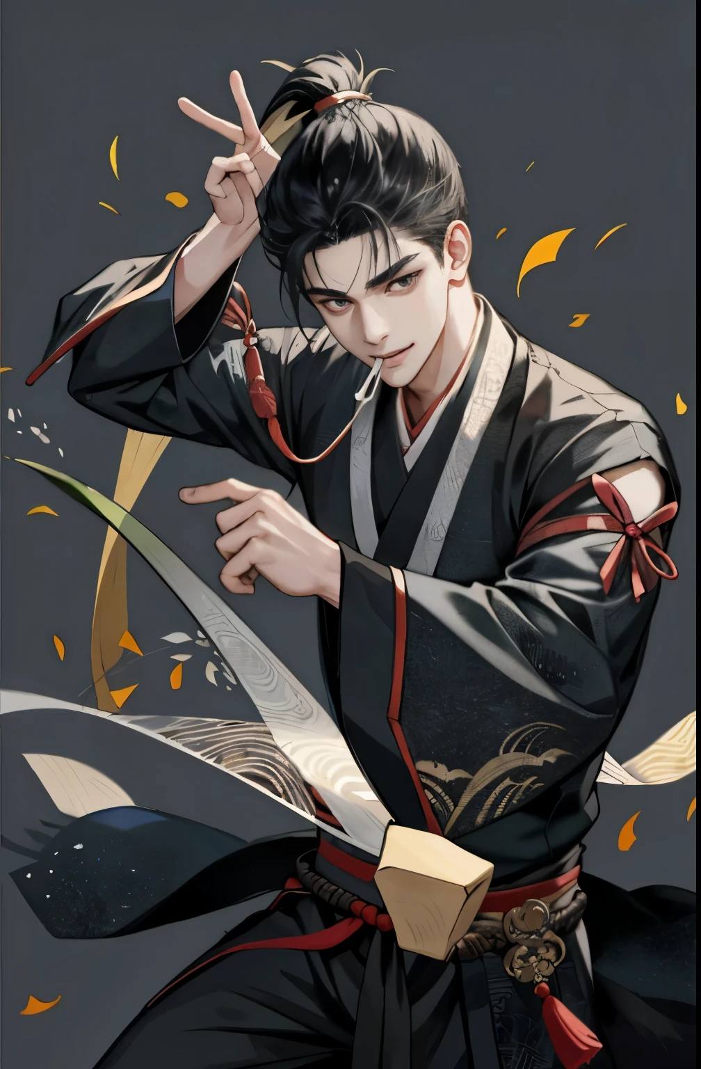 1 boy,Twenty-two years old,Chinese clothes,handsome face,Smile,high nose bridge,beautiful eyes,Black high ponytail,cool hairstyle,Character design,whole body,Holding a piece of grass in his mouth,Hanfu,Martial arts style characters,fantasy style