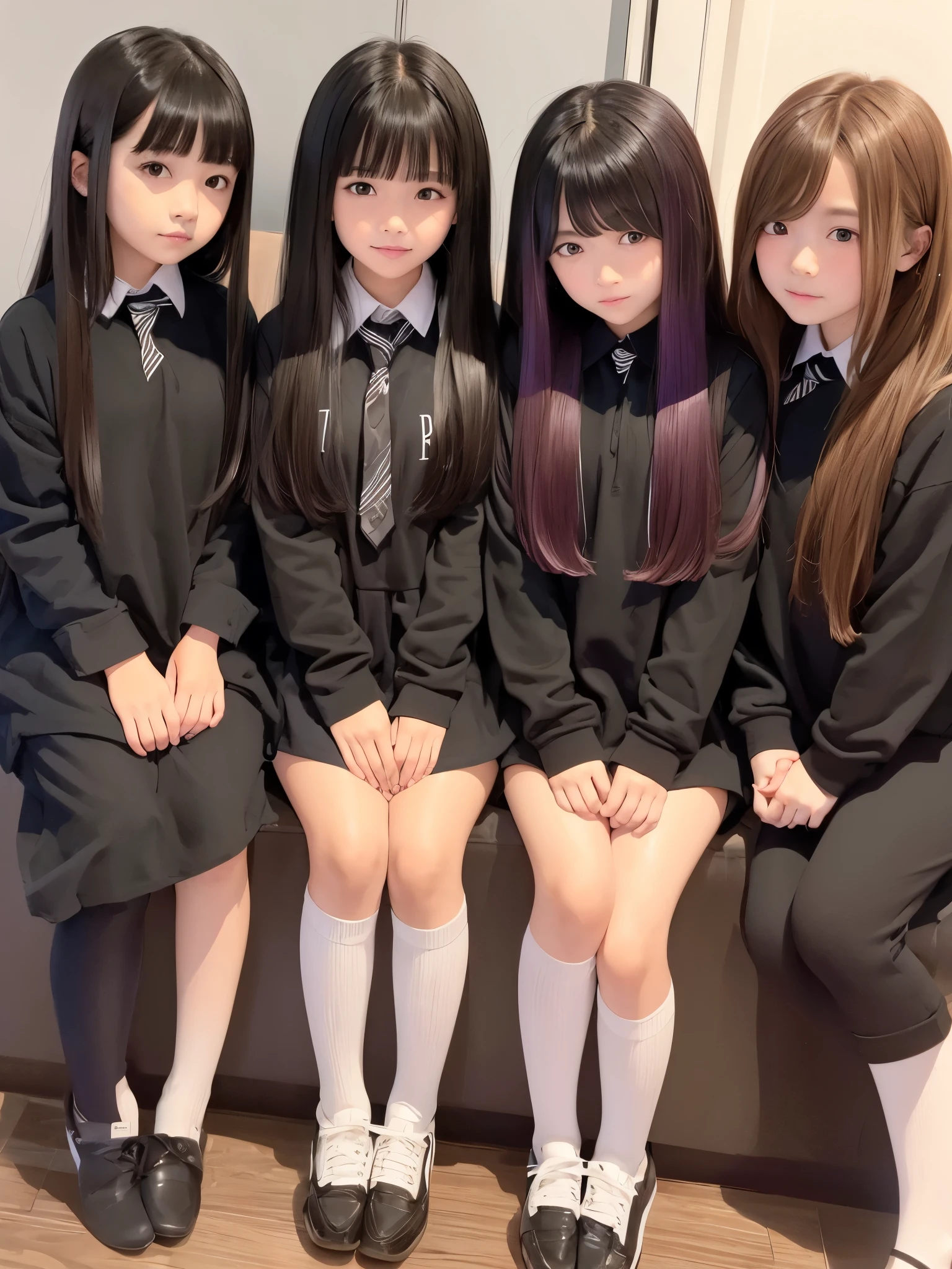 3 school girls, 1 have short jellyfish haircut with bangs colored black, another 1 have long wavy hair colored light brown, another 1 have long straight hair colored deep brown.