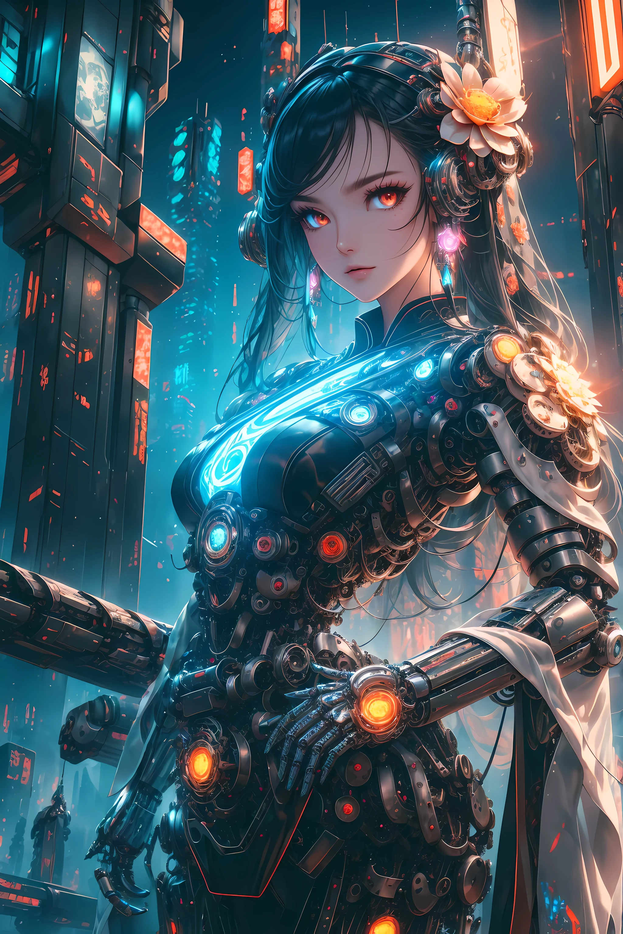 Black woman, sensuous, curvaceous, carnal,cool, powerful, (wearing cybernetic  grim Reaper mask, cyberpunk mecha ninja, mecha holographic dress, an orange bracelet:1.2), braids, long hair, (heterochromia eyes:1.2), big , (chocolate-skinned female, statuesque, voluptuous, braided black hair, soft heart-shaped face, concaved Nubian button nose, powerful. , tone, slender physique, heart hips, an eye-catching beauty, bottom-Heavy: Red green, and orange neon blacklight art, Masterpiece, hyper-aesthetic, hyper-absurd resolution, atmospheric perspective, depth of field, atmospheric shading, atmospheric lighting, ultra-high resolution, cinematic lighting, thick line detailed animation,4k, hyper resolution animation, best quality, expressive eyes, perfect face, perfect eyes, perfect anatomy, perfect physique, perfect hands, dynamic shading, dynamic pose, dynamic perspective, dynamic line of action, Raw sensuality