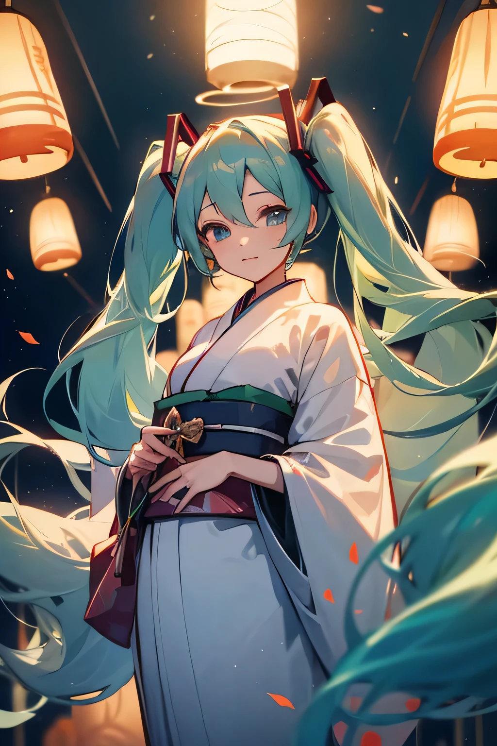 Hatsune Miku participates in the festival of lights wearing her kimono