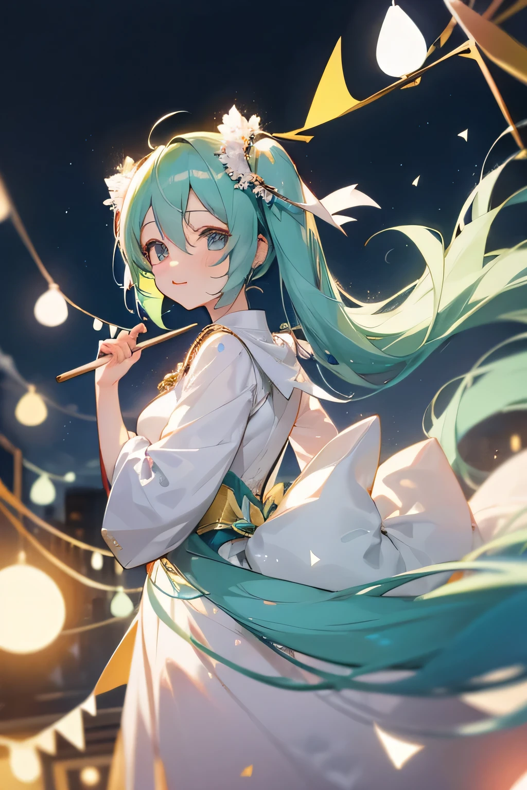 Hatsune Miku participates in the festival of lights wearing her yukata