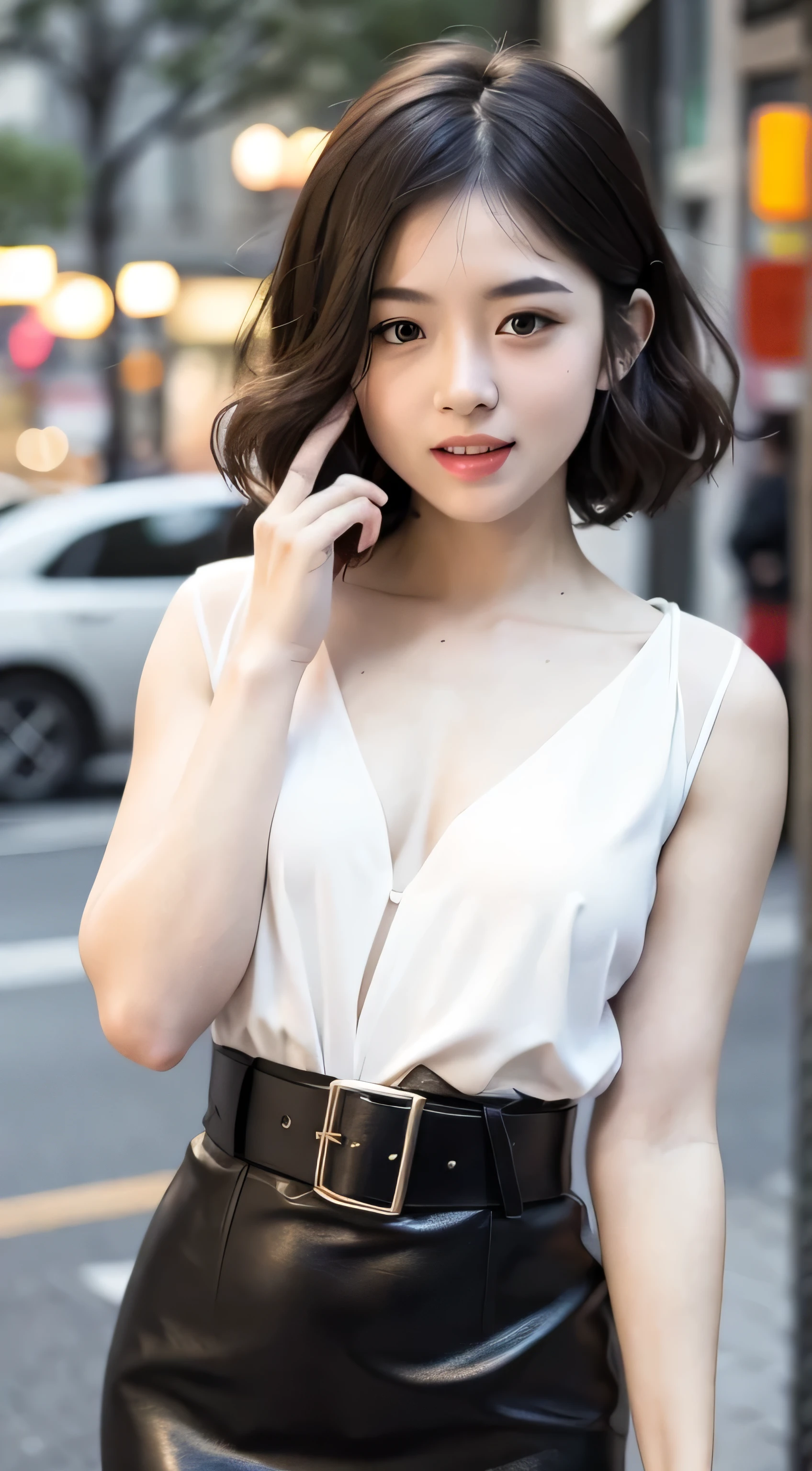 best quality、masterpiece:1.2、(true、lifelike:1.37)、1 girl、a beautiful、street view、night、rain、wet、professional lighting、photon mapping、radio city、Physically based rendering、gradient black hair、short curly hair、a handsome guy、Full of girlishness、White jersey、Excellent image quality、high resolution、1080p、(clear face)、(detailed facial description)、(Detailed hand description)、(masterpiece)、(Exquisite CG)、 Extreme light and shadow、messy hair、masterpiece、Rich details、(Exquisite facial features)、(Top image quality)、(masterpiece)、(Attention to detail)、Looking forward to your eyes、Delicate collarbone、belt、((leather dress))、
