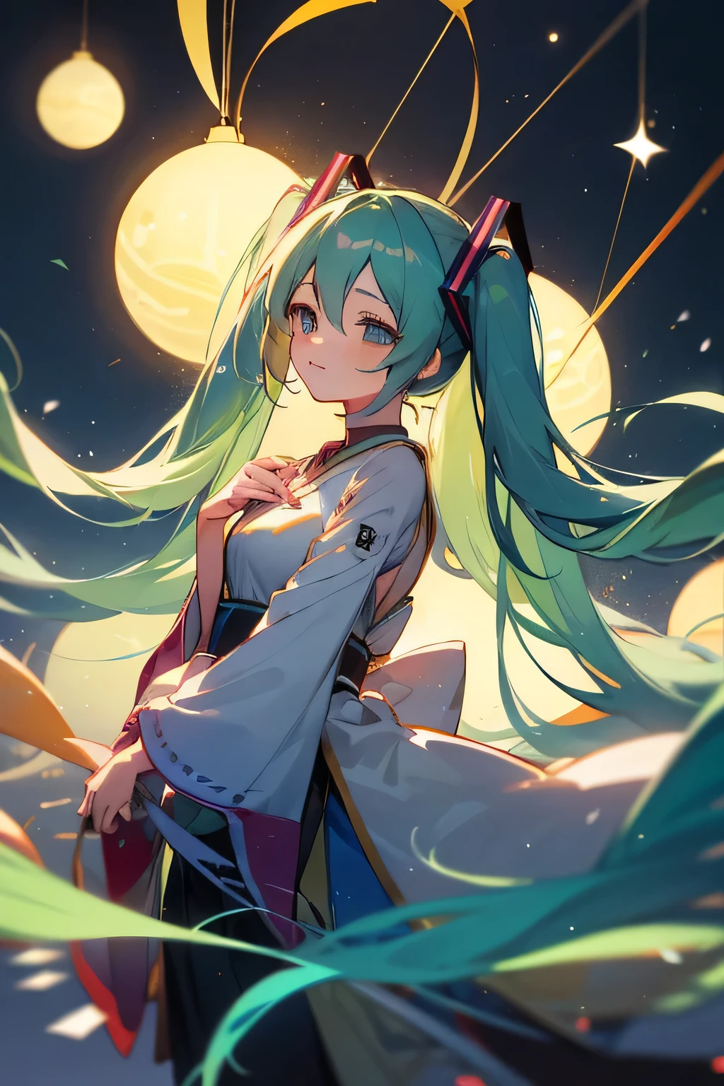 Hatsune Miku participates in the festival of lights wearing her yukata