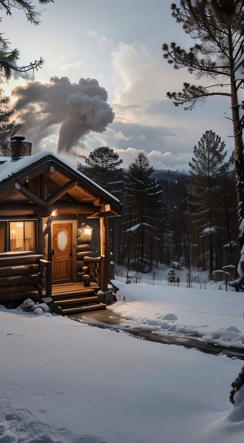A cozy cabin nestled in a snowy forest, smoke curling from the chimney as snowflakes fall softly to the ground.