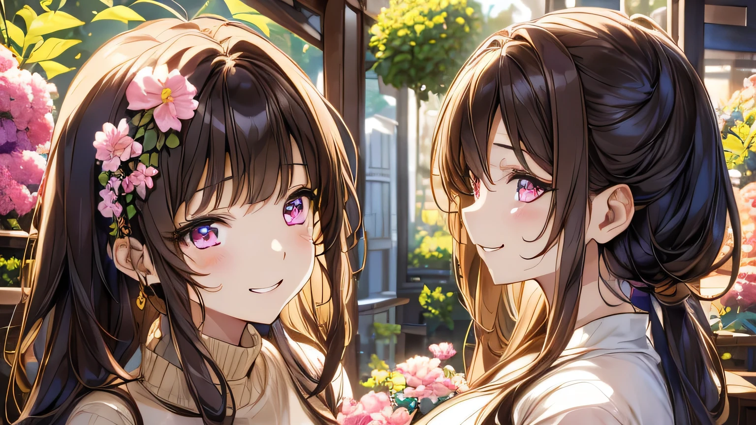 1 female、28 years old、Adult and realistic face、long face、beautiful hair、brown hair、shortcut、fine and beautiful eyes、pink eyes、大きなslanted eyes, Are you okay、柔らか味があふれる満面のsmile、yellow knit、beautiful face、big and beautiful eyes、slanted eyes、smile、I'Iは花屋に一人でいる、Admire the flowers、profile
