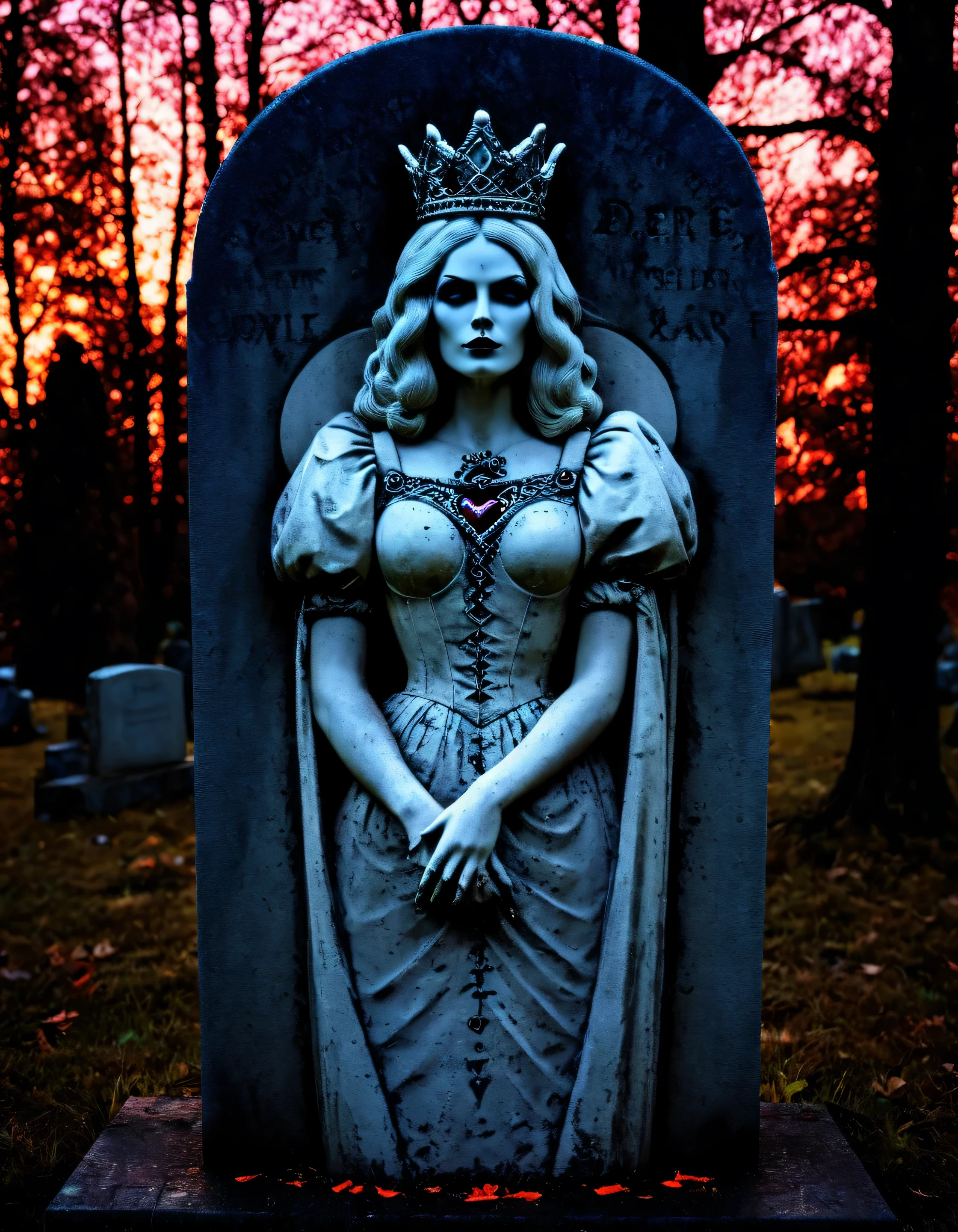 spooky (stone gravestone) of an evil [queen-of-hearts], creepy cemetery nighttime backlit high-saturation, high quality film grain