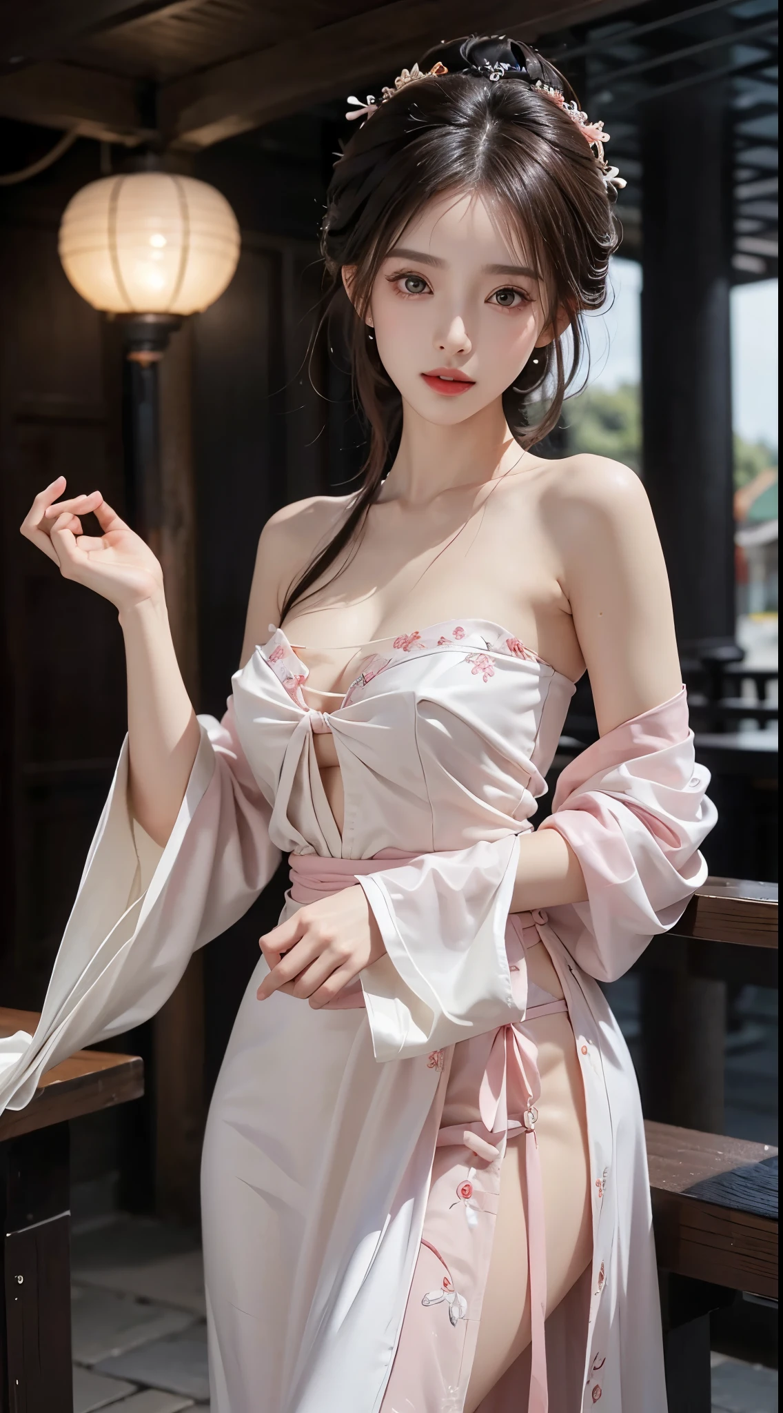 hanfu-song, hanfu, song theme, bandeau, tube top, ((cowboy shot)), ((from below)), ((are shoulders)), ((Very short hemline)), ((Leaking sexy legs)), ((Big breasts, big , cleavage)), silky straight hair、Big eyes with bangs and eyeliner、Get wet all over your body、Nordic youth、perfect body figure、Very beautiful and lovely、White muscle、Glossy glossy skin、Young and beautiful skin、Perfect and beautiful little face、Shine makeup、Thin pink lip gloss expression、1 、lipsticks、Deceptive advertising、{steamy}、Audience view、Primetime lights、Bokeh atmosphere perspective、Details、cinematic lighitnglamplight、Complicated details、A high resolution、 Detailed features of the facial design、high detal、Clear focus、Smoothness、aesthetics、print、octanerender、masterpiece