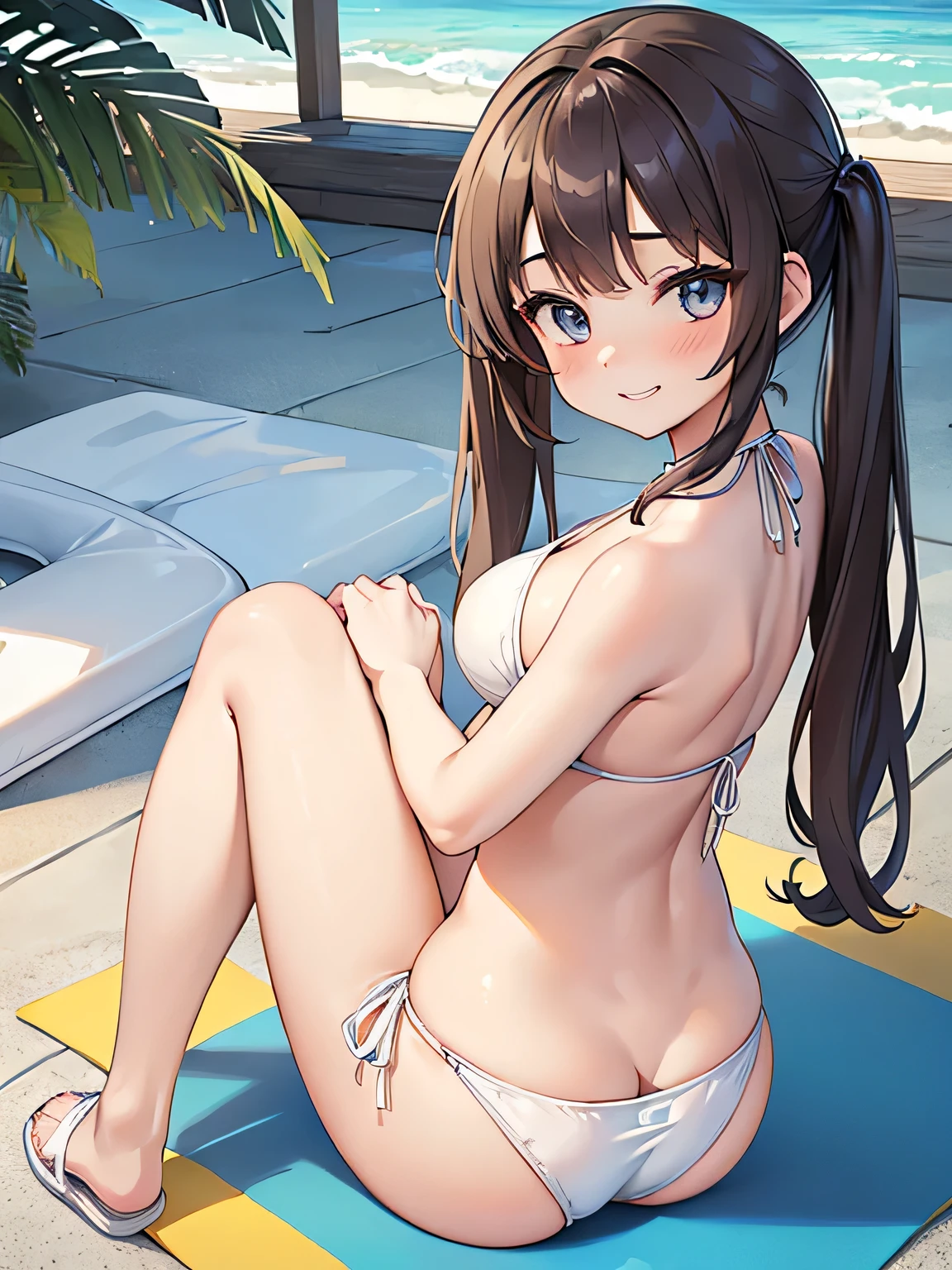 (masterpiece, highest quality, High resolution, realistic pictures, realistic skin:1.1),.
(Wearing a white bikini swimsuit, Flip-flops at your feet, twin tails:1.1),
1 1 girl, beautiful eyes, shining eyes, provocative, grinning expression, brown hair, medium long hair, high school girl, The location is the leisure pool
(Sit with your butt on the floor and your knees bent.:1.5),
(white bikini: 1.5),
NSFW