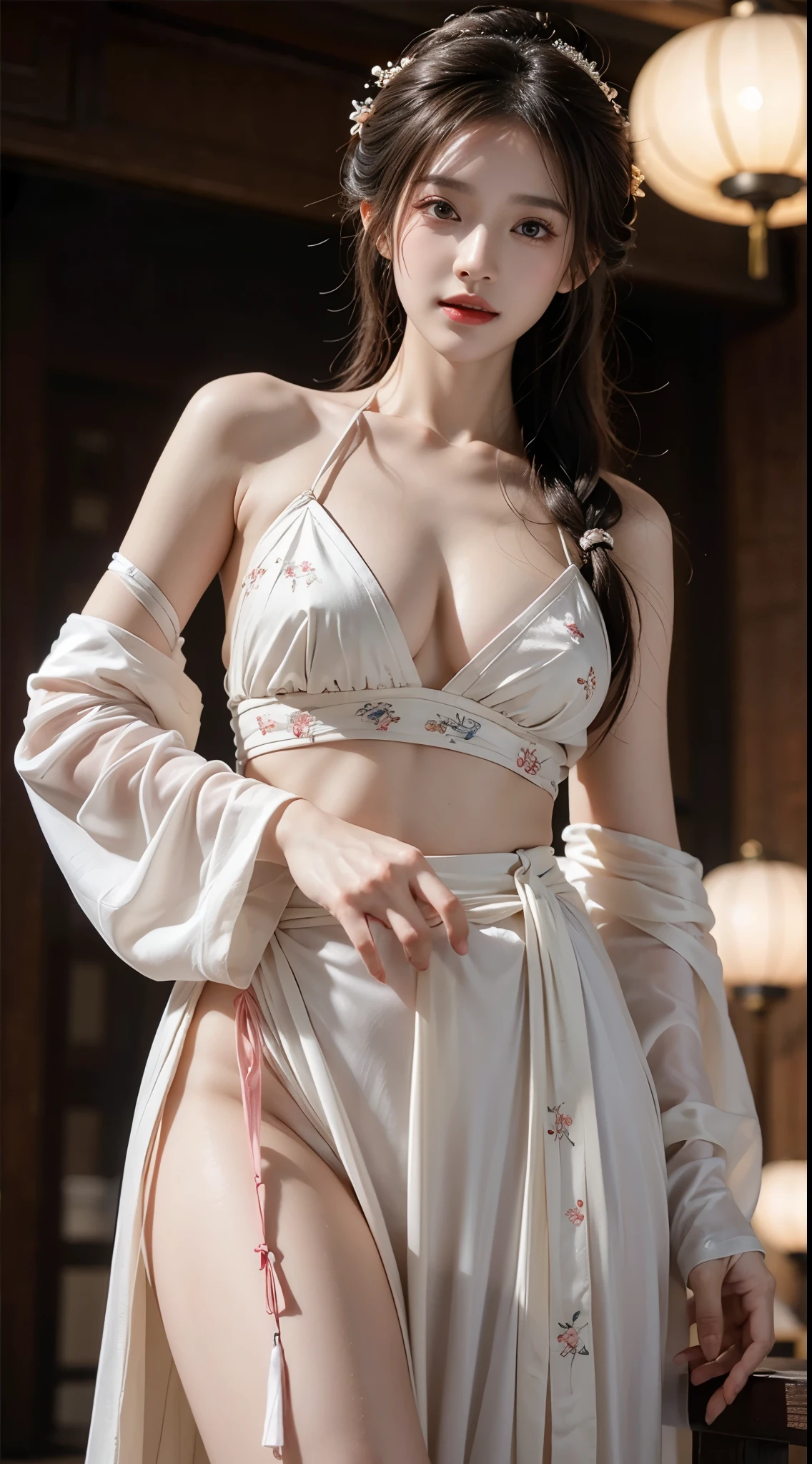 hanfu-song, hanfu, song theme, bandeau, tube top, ((cowboy shot)), ((from below)), ((are shoulders)), ((Very short hemline)), ((Leaking sexy legs)), ((Big breasts, big , cleavage)), silky straight hair、Big eyes with bangs and eyeliner、Get wet all over your body、Nordic youth、perfect body figure、Very beautiful and lovely、White muscle、Glossy glossy skin、Young and beautiful skin、Perfect and beautiful little face、Shine makeup、Thin pink lip gloss expression、1 15-year-old girl、lipsticks、Deceptive advertising、{steamy}、Audience view、Primetime lights、Bokeh atmosphere perspective、Details、cinematic lighitnglamplight、Complicated details、A high resolution、 Detailed features of the facial design、high detal、Clear focus、Smoothness、aesthetics、print、octanerender、masterpiece