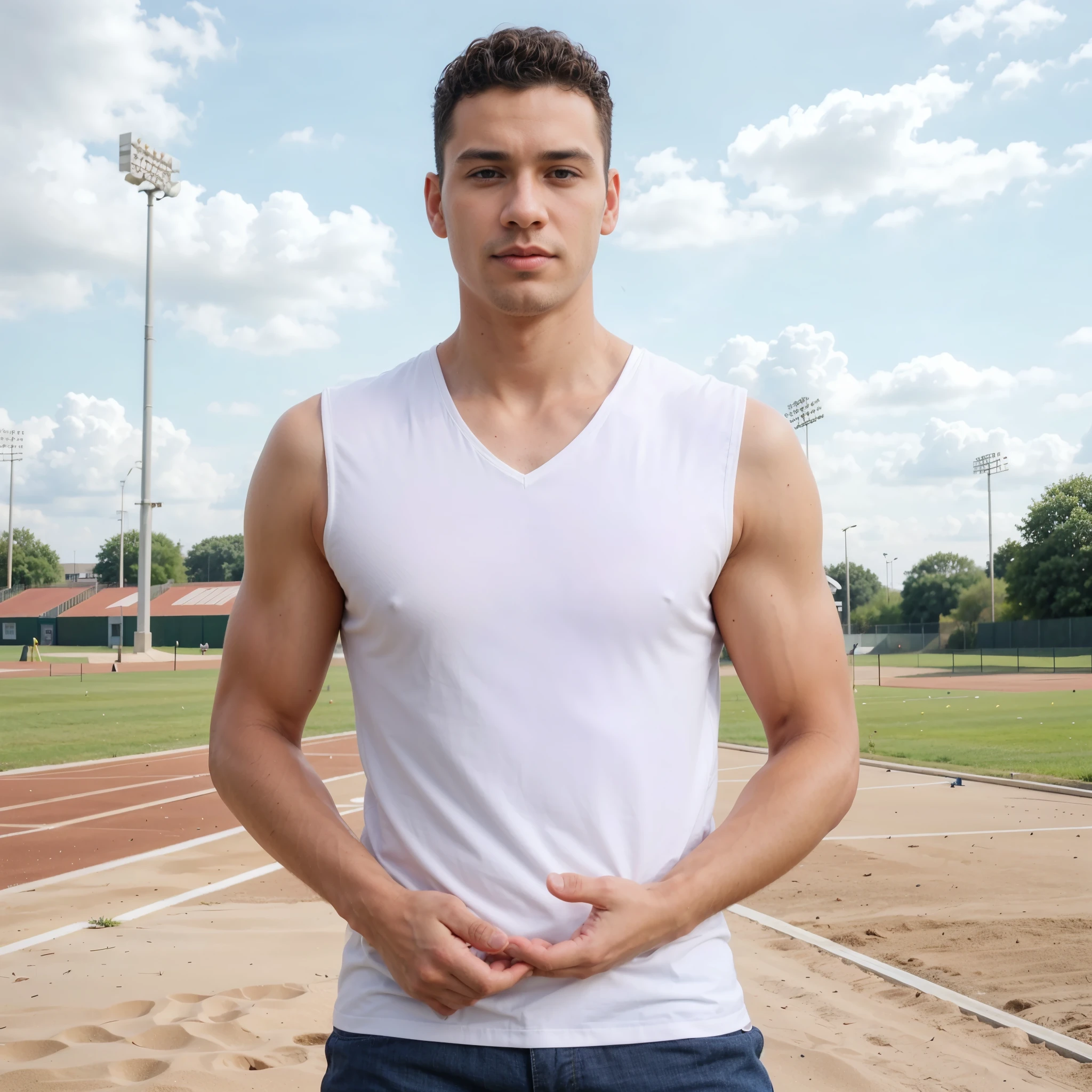 (the background is sports fields and runways)，(((a man with short curly hair)))