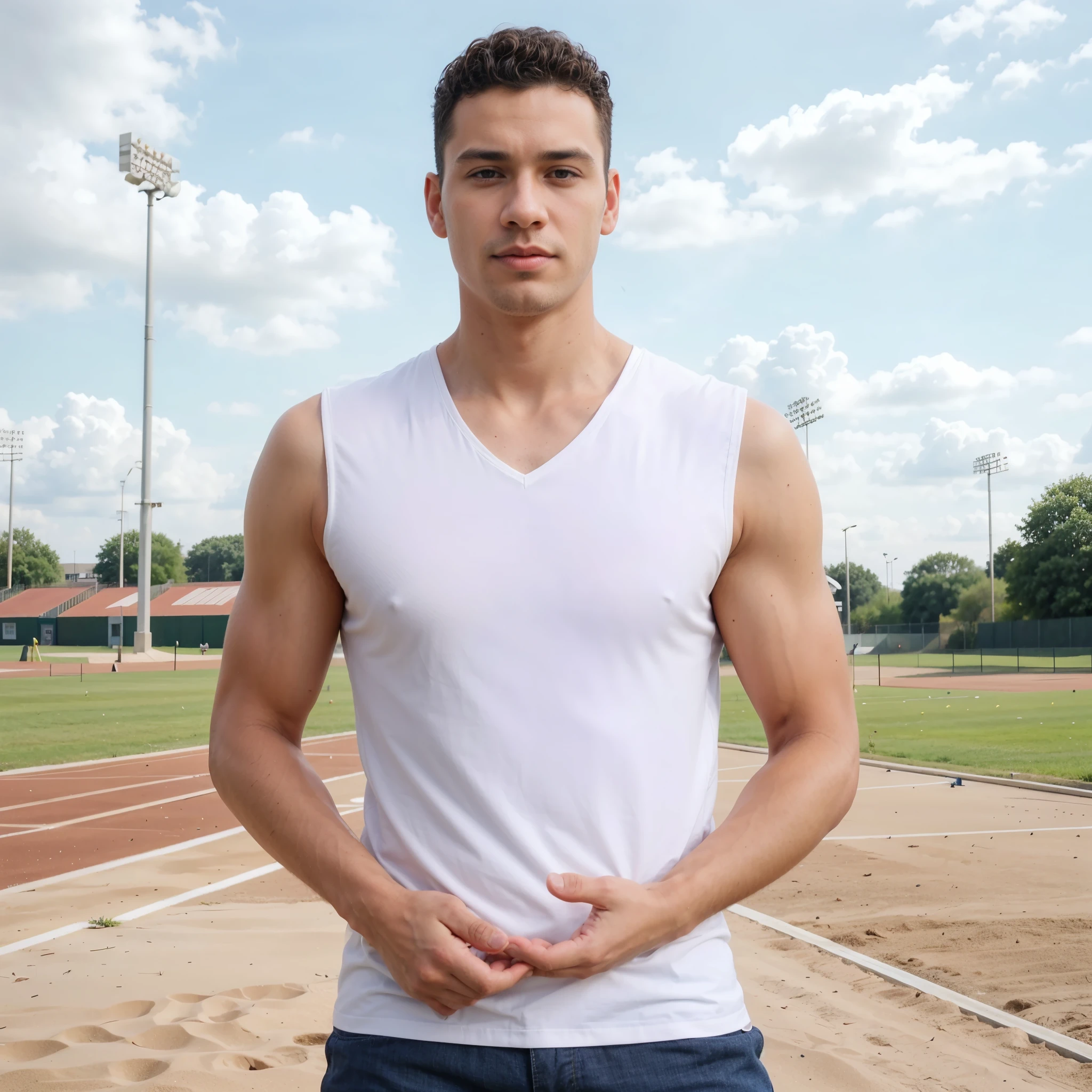 (the background is sports fields and runways),(((a man with short curly hair)))