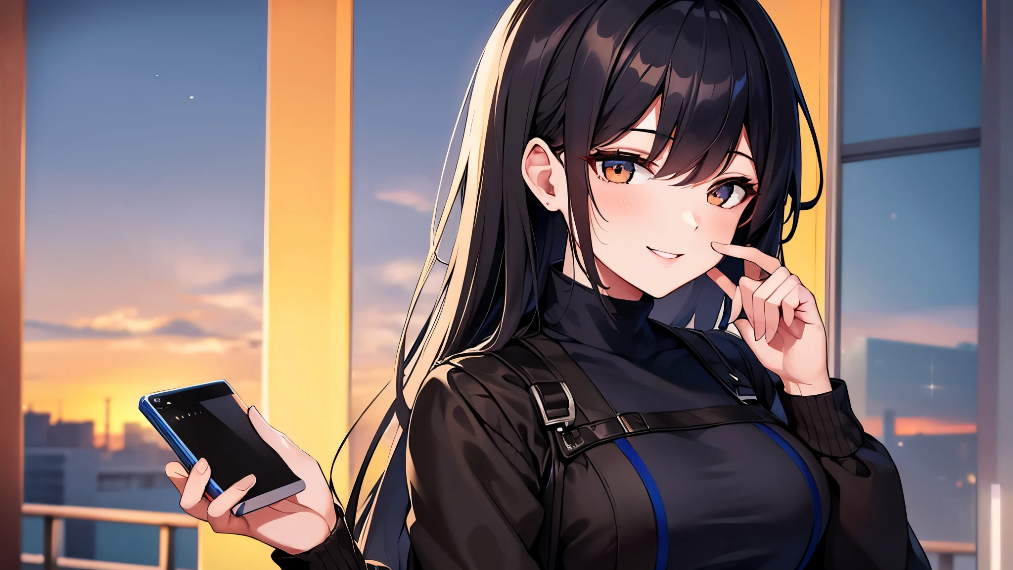 A woman smiles while watching a cool male Vtuber's stream on her smartphone。