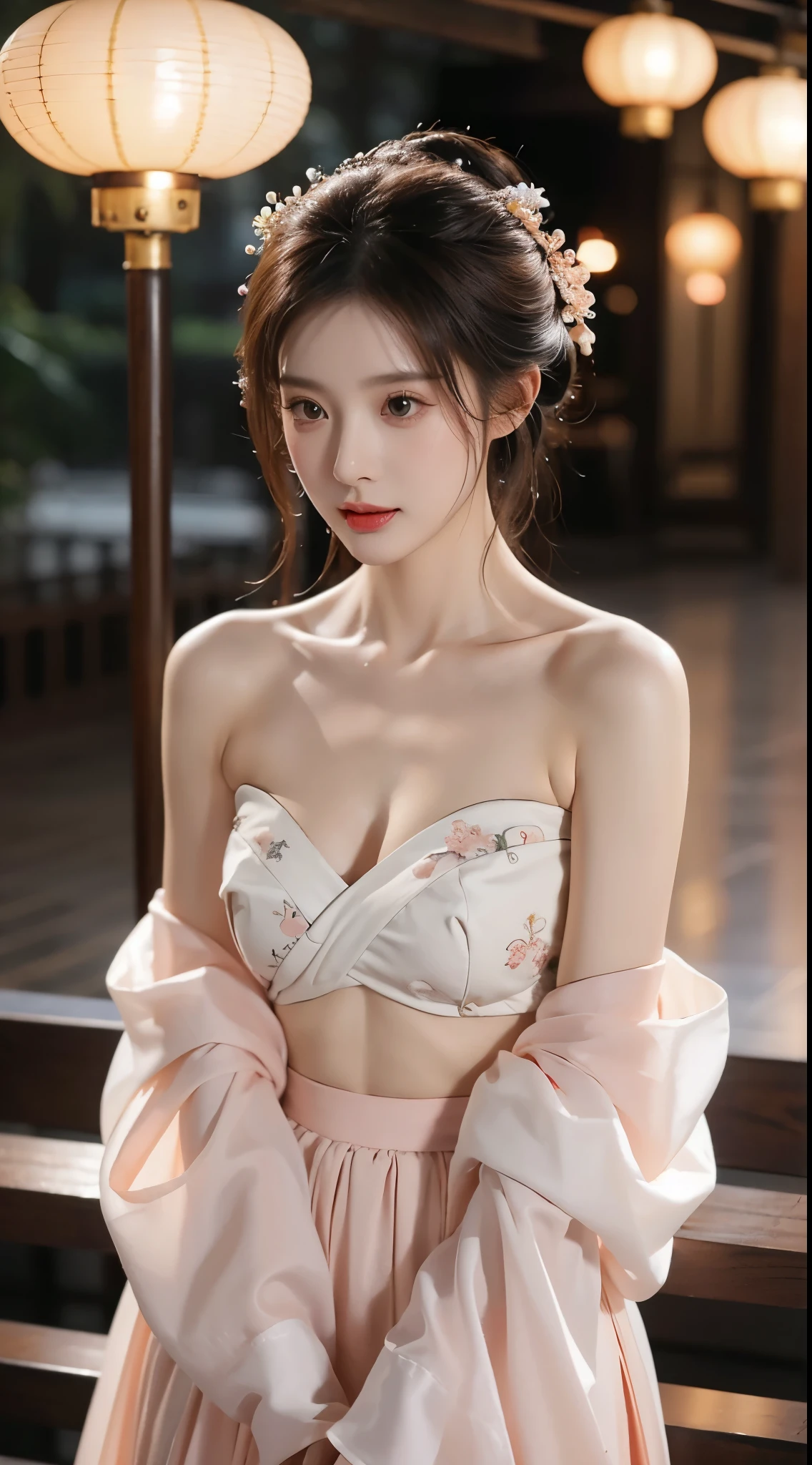 hanfu-song, hanfu, song theme, bandeau, tube top, ((cowboy shot)), ((from below)), ((are shoulders)), ((Very short hemline)), ((Leaking sexy legs)), ((Big breasts, big , cleavage)), silky straight hair、Big eyes with bangs and eyeliner、Get wet all over your body、Nordic youth、perfect body figure、Very beautiful and lovely、White muscle、Glossy glossy skin、Young and beautiful skin、Perfect and beautiful little face、Shine makeup、Thin pink lip gloss expression、1 15-year-old girl、lipsticks、Deceptive advertising、{steamy}、Audience view、Primetime lights、Bokeh atmosphere perspective、Details、cinematic lighitnglamplight、Complicated details、A high resolution、 Detailed features of the facial design、high detal、Clear focus、Smoothness、aesthetics、print、octanerender、masterpiece
