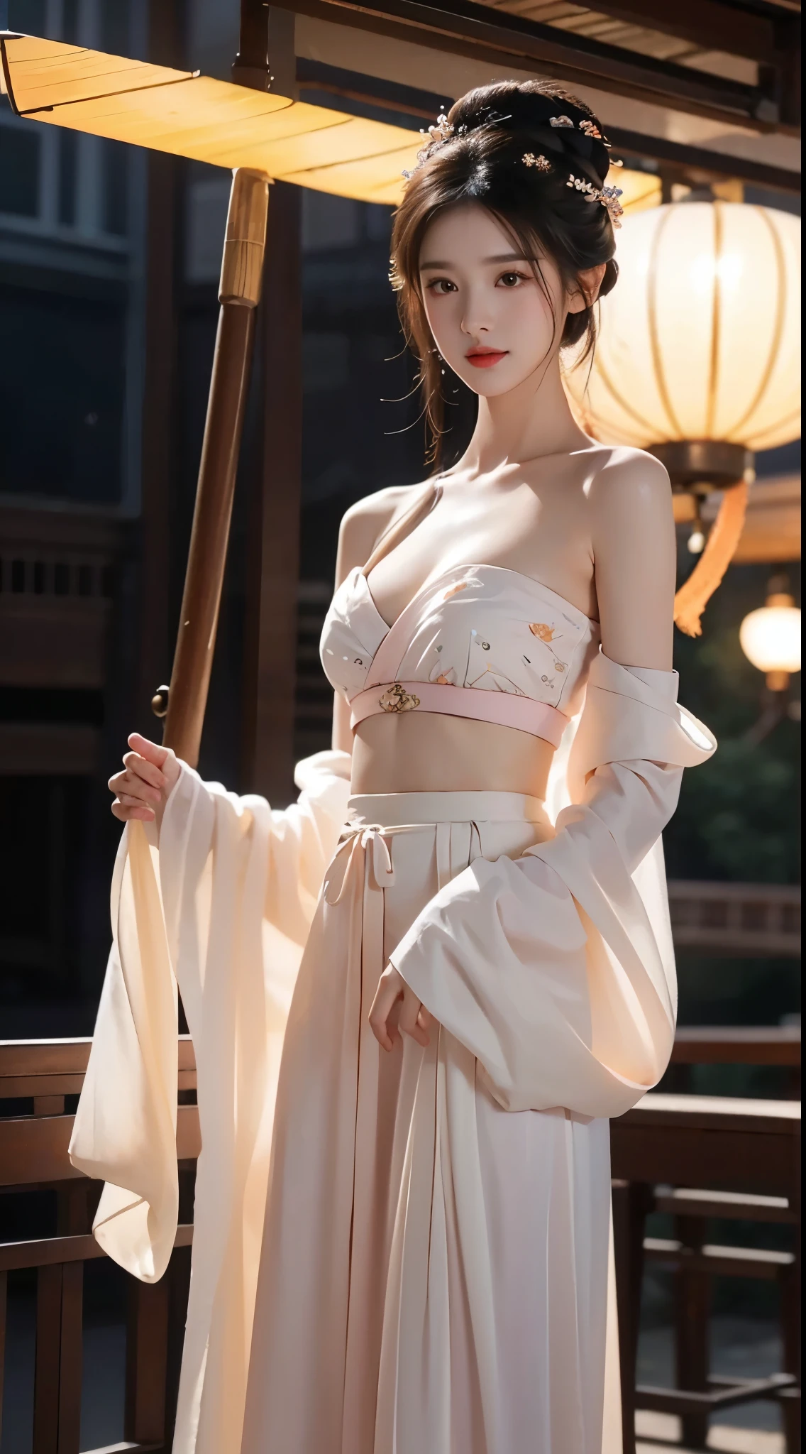 hanfu-song, hanfu, song theme, bandeau, tube top, ((cowboy shot)), ((from below)), ((are shoulders)), ((Very short hemline)), ((Leaking sexy legs)), ((Big breasts, big , cleavage)), silky straight hair、Big eyes with bangs and eyeliner、Get wet all over your body、Nordic youth、perfect body figure、Very beautiful and lovely、White muscle、Glossy glossy skin、Young and beautiful skin、Perfect and beautiful little face、Shine makeup、Thin pink lip gloss expression、1 15-year-old girl、lipsticks、Deceptive advertising、{steamy}、Audience view、Primetime lights、Bokeh atmosphere perspective、Details、cinematic lighitnglamplight、Complicated details、A high resolution、 Detailed features of the facial design、high detal、Clear focus、Smoothness、aesthetics、print、octanerender、masterpiece