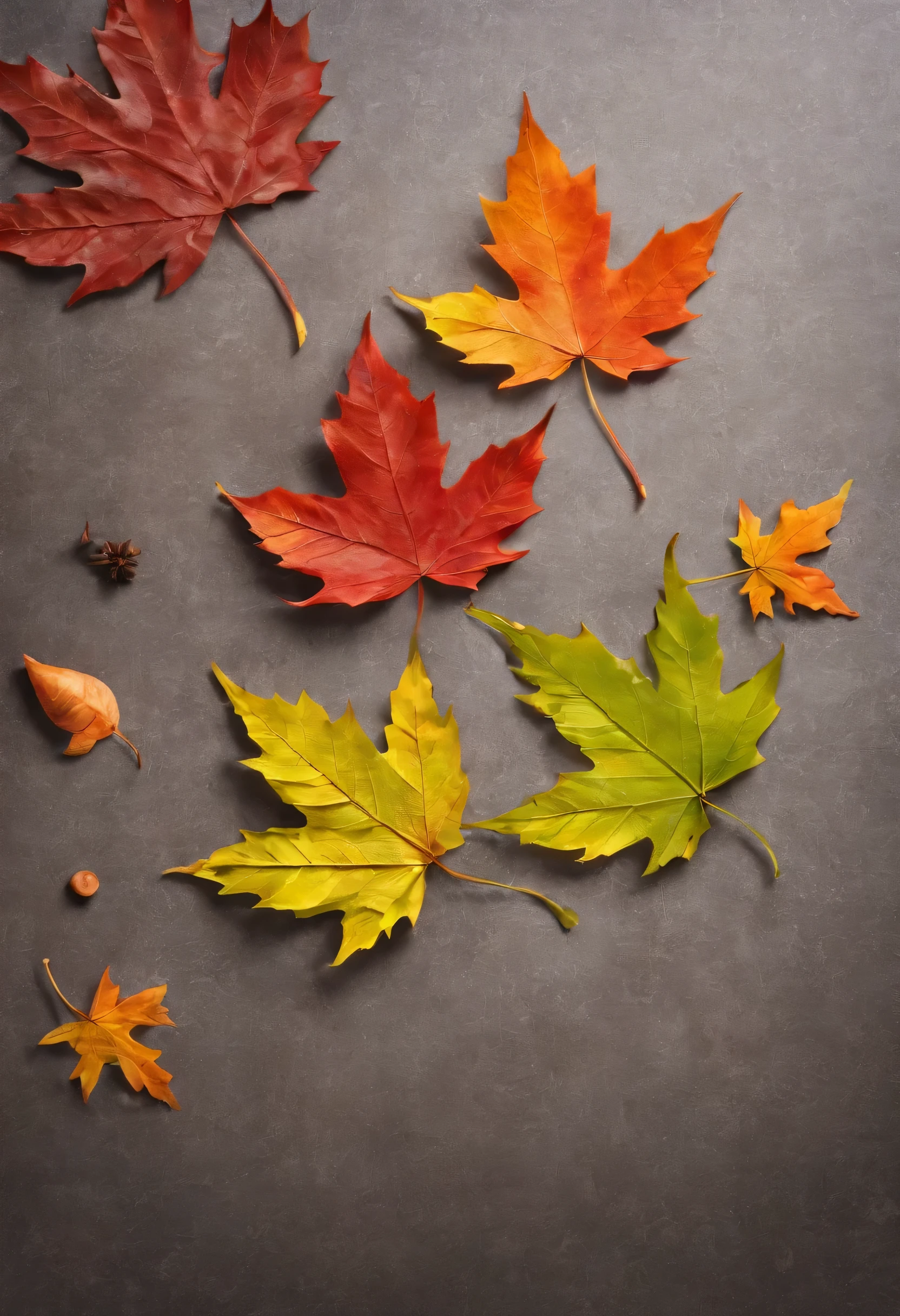 Peaceful educational environment,There are only three maple leaves on the classroom table. Each leaf is engraved with a different Chinese character, Convey motivational messages. leaves bathed in soft water, warm light, Emphasis on maple’s rich tones and thoughtful message, Designed to inspire and uplift audiences.